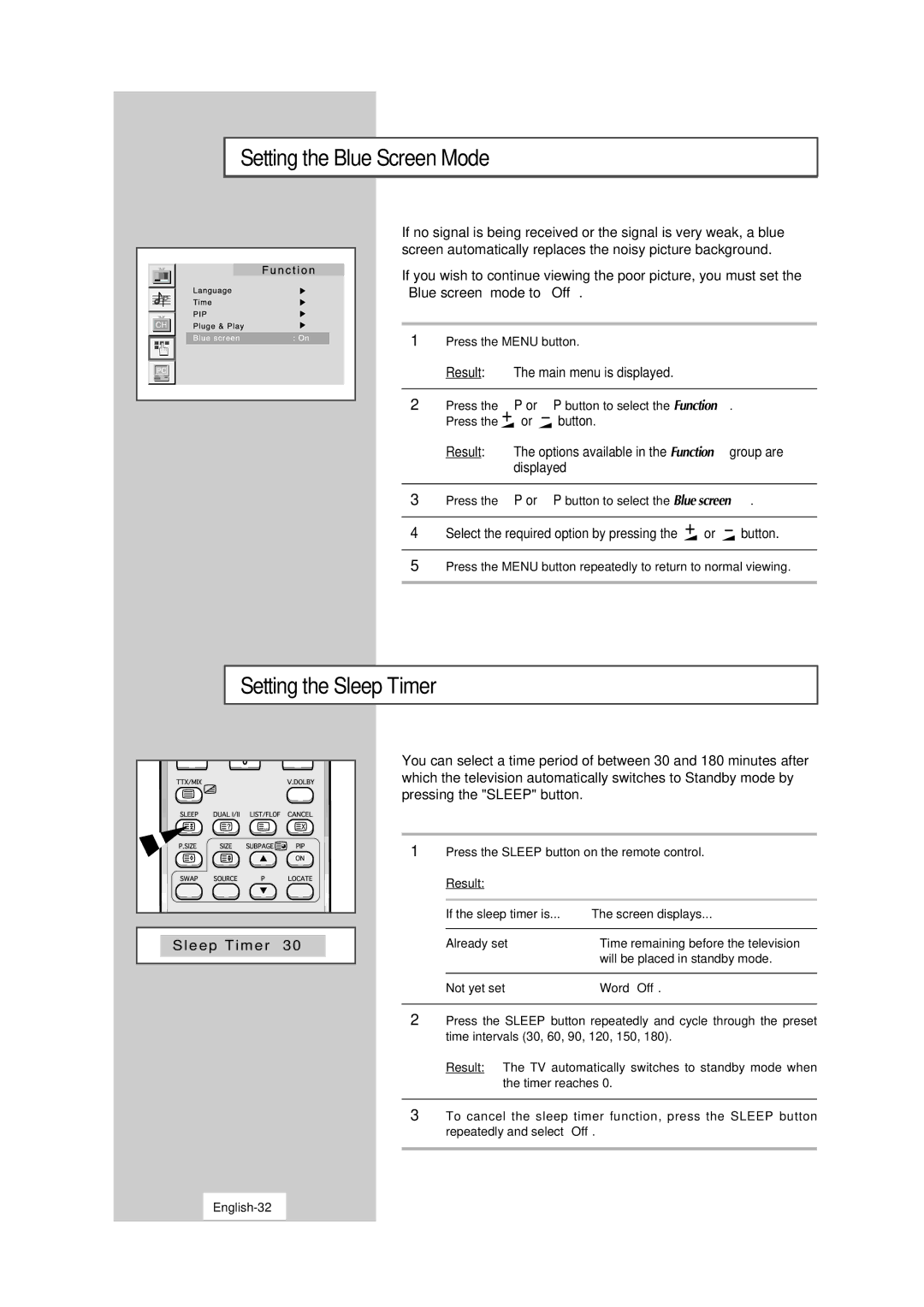 Samsung LW15S13C Setting the Blue Screen Mode, Setting the Sleep Timer, If the sleep timer is Screen displays, English-32 