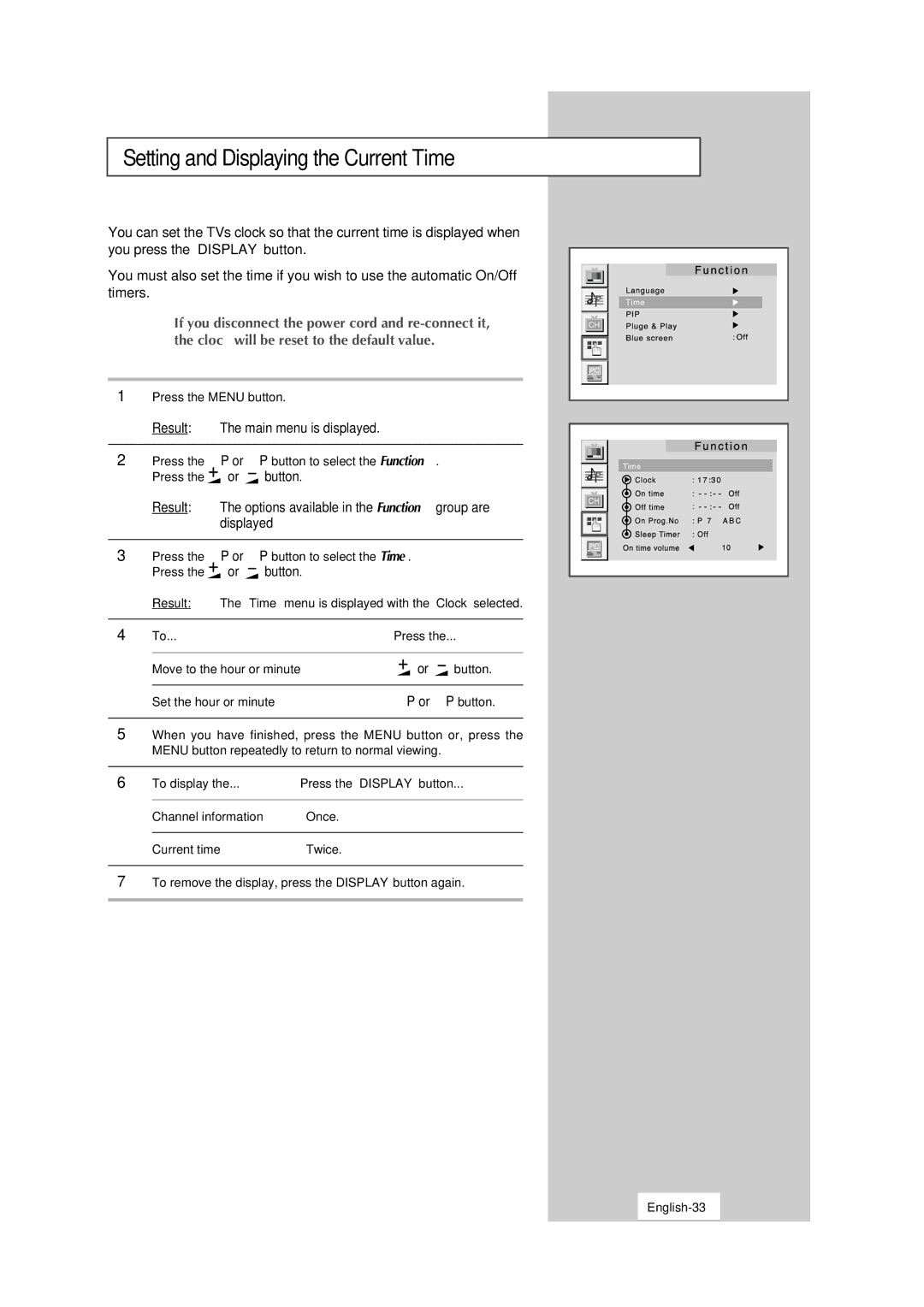 Samsung LW15S13C manual Setting and Displaying the Current Time, To display Press the Display button, English-33 