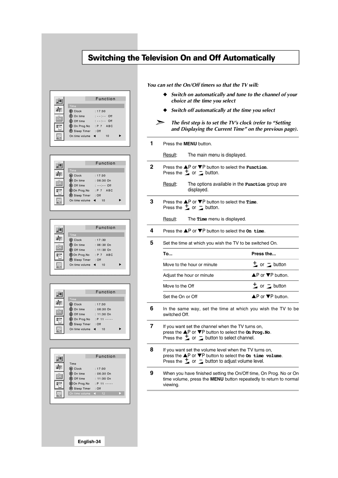 Samsung LW15S13C manual Switching the Television On and Off Automatically, Button to select channel, English-34 