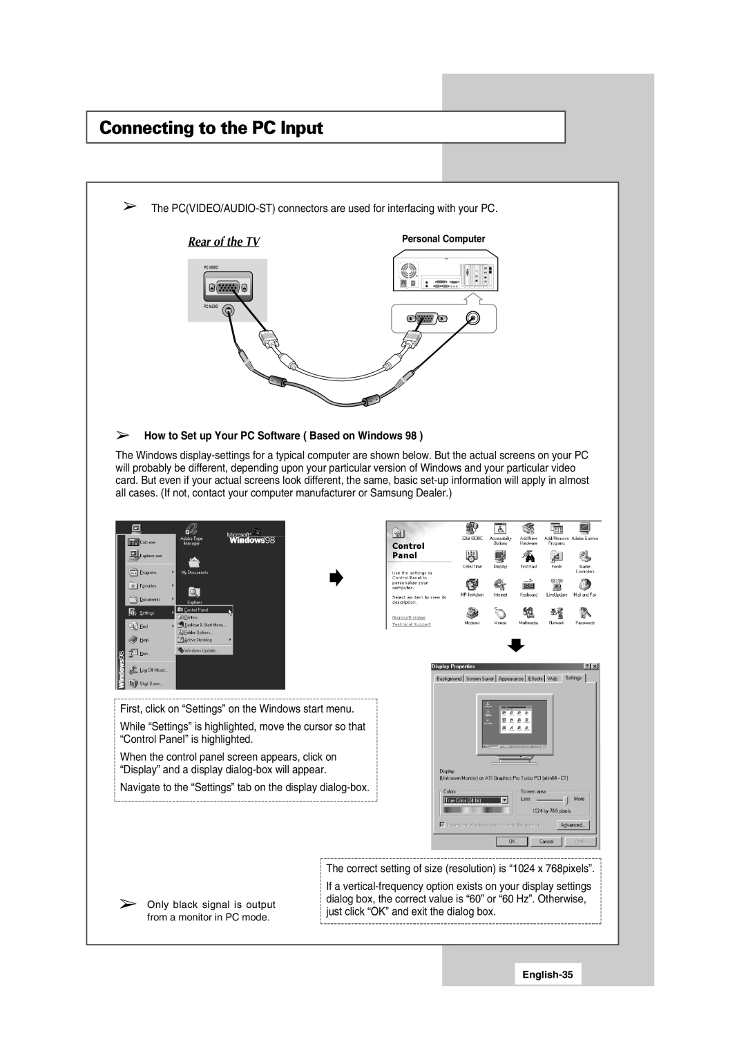 Samsung LW15S13C manual Connecting to the PC Input, How to Set up Your PC Software Based on Windows 