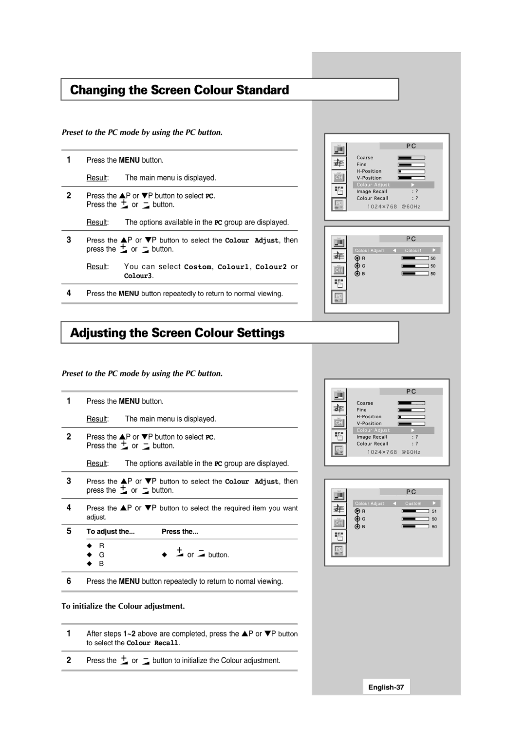 Samsung LW15S13C manual Changing the Screen Colour Standard, Adjusting the Screen Colour Settings, To adjust, English-37 