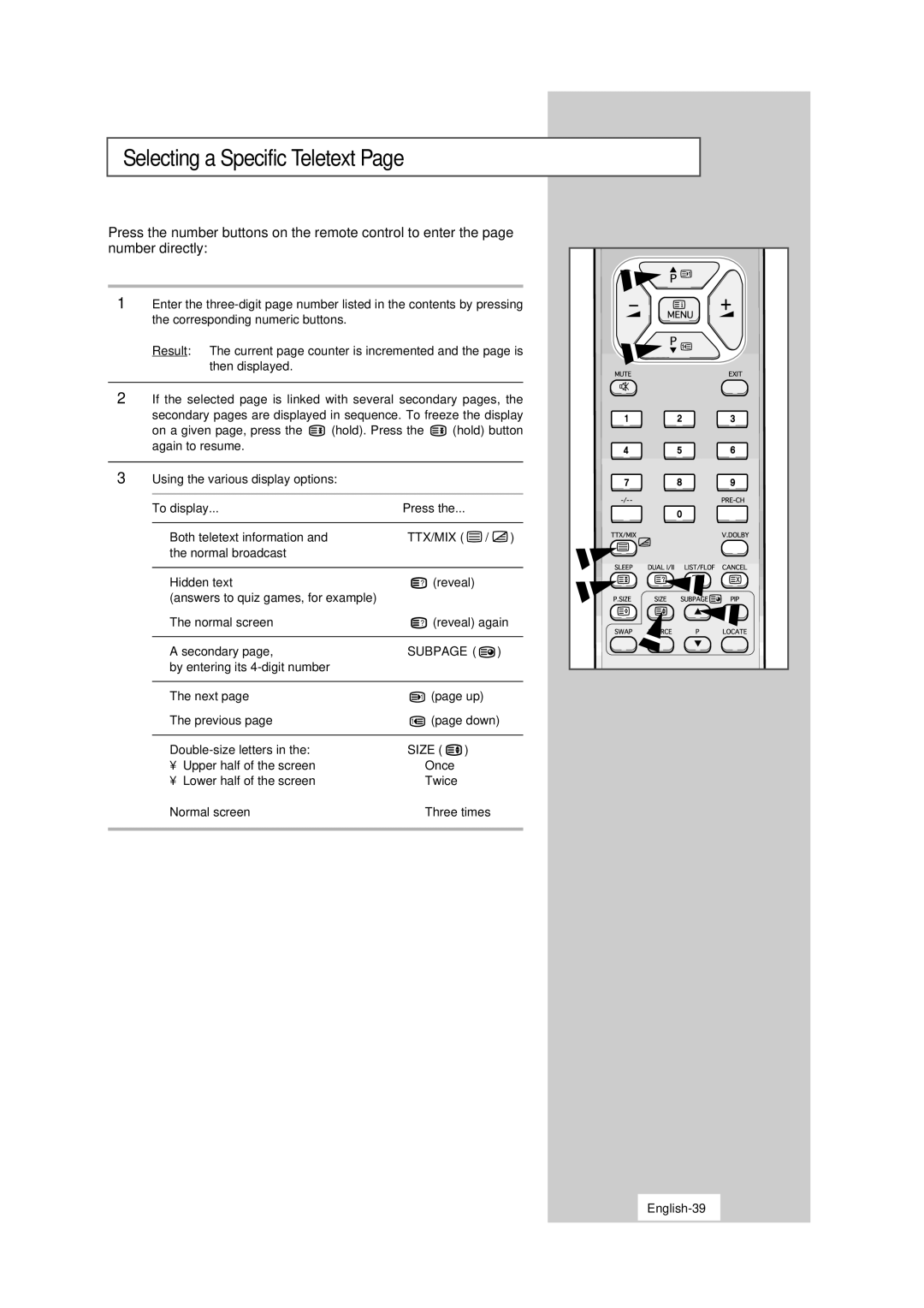 Samsung LW15S13C manual Selecting a Specific Teletext, To display Press, English-39 