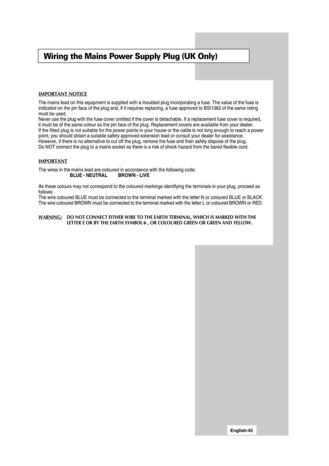 Samsung LW15S13C manual Wiring the Mains Power Supply Plug UK Only, English-43 