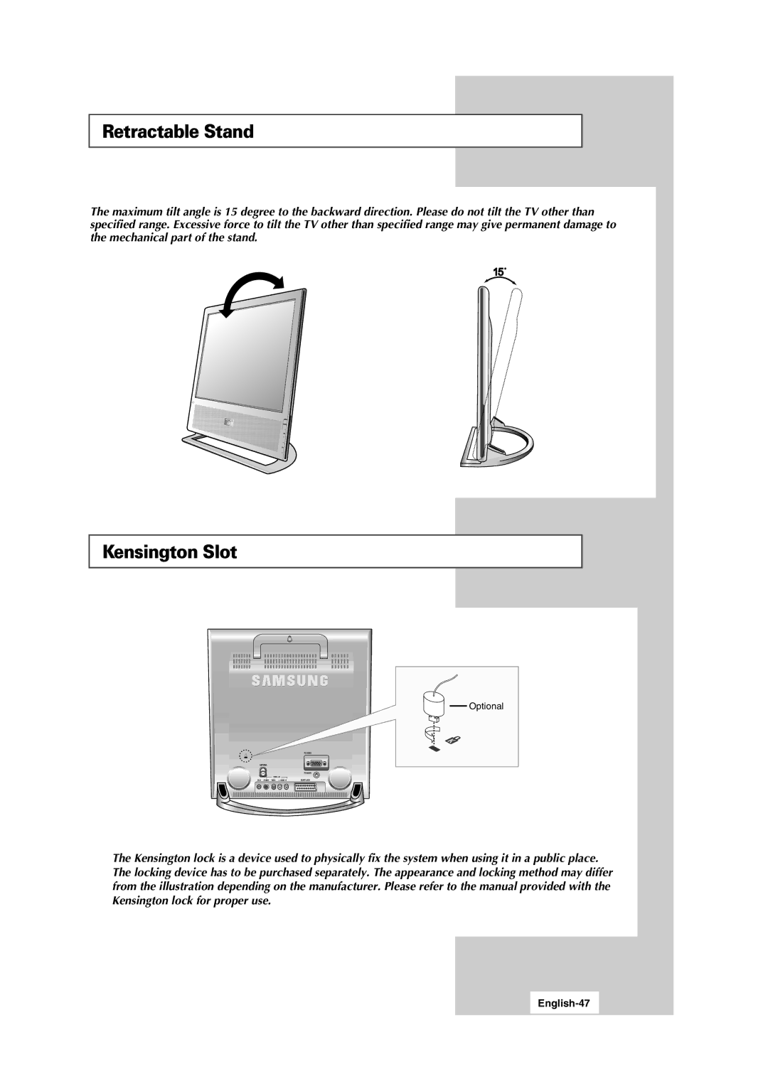 Samsung LW15S13C manual Retractable Stand, Kensington Slot, English-47 