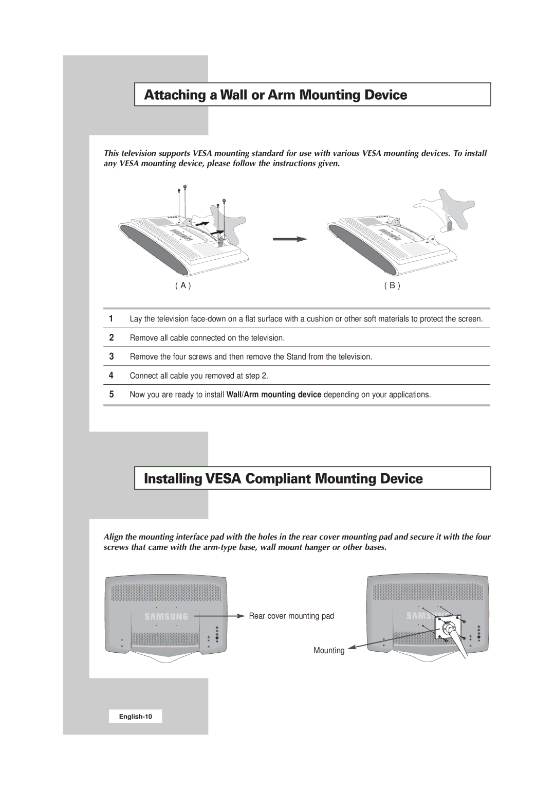 Samsung LW17E24CB, LW15E23CB manual Attaching a Wall or Arm Mounting Device, Installing Vesa Compliant Mounting Device 