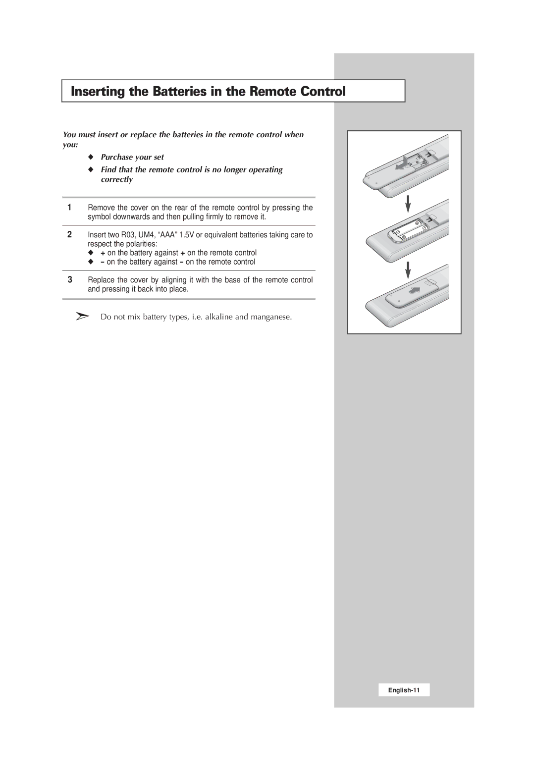 Samsung LW15E23CB, LW17E24CB manual Inserting the Batteries in the Remote Control 