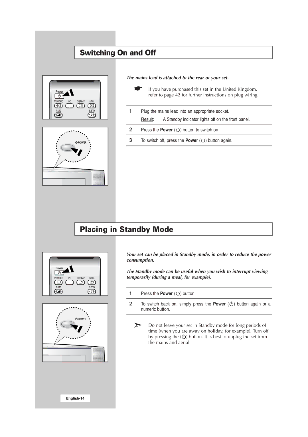 Samsung LW17E24CB, LW15E23CB manual Switching On and Off, Placing in Standby Mode 