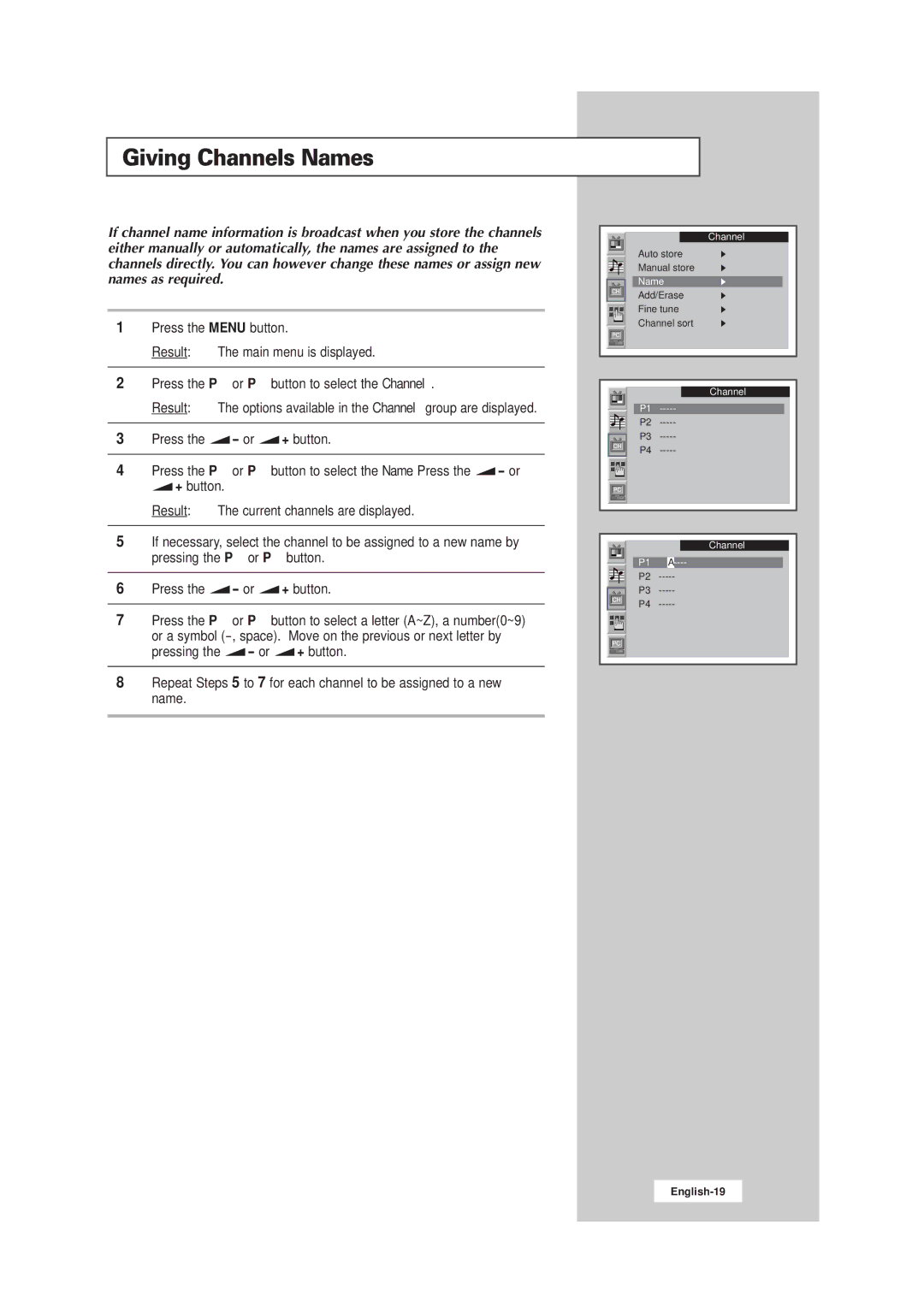 Samsung LW15E23CB, LW17E24CB manual Giving Channels Names 