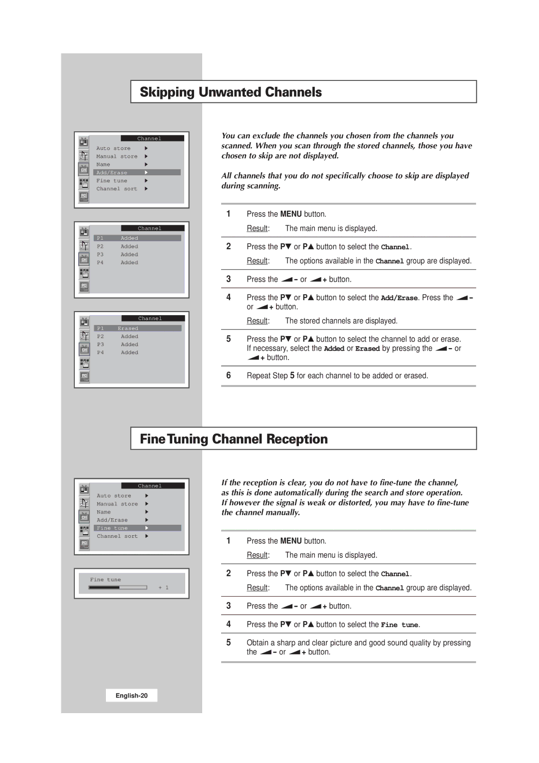 Samsung LW17E24CB, LW15E23CB manual Skipping Unwanted Channels, FineTuning Channel Reception 