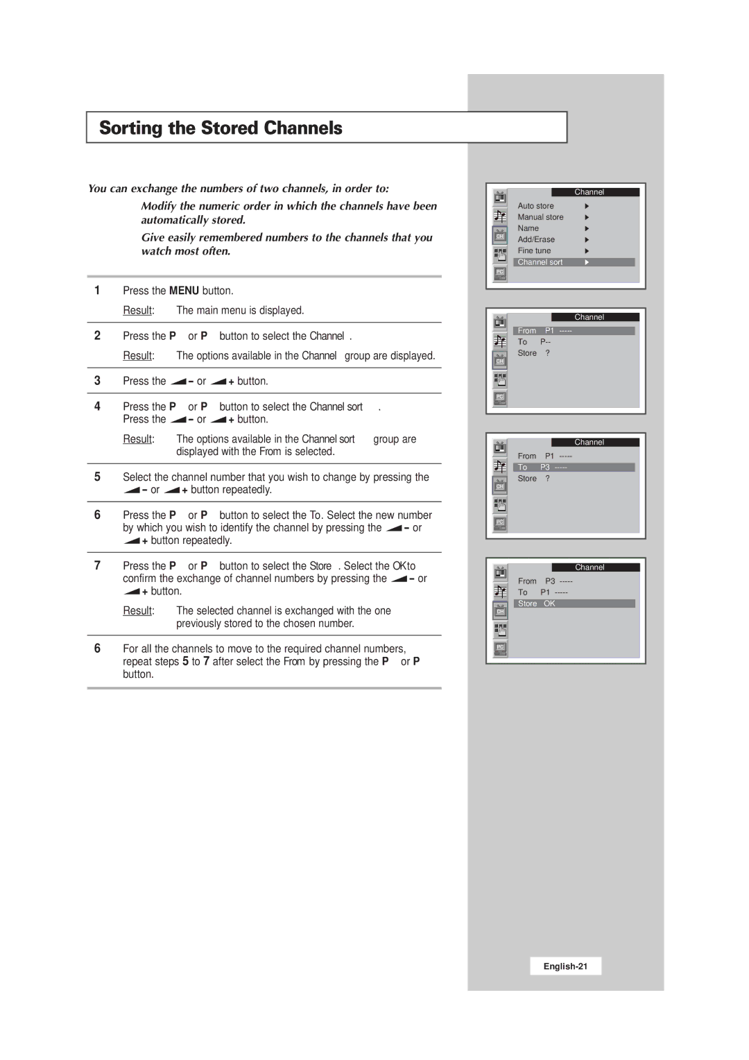 Samsung LW15E23CB, LW17E24CB manual Sorting the Stored Channels 