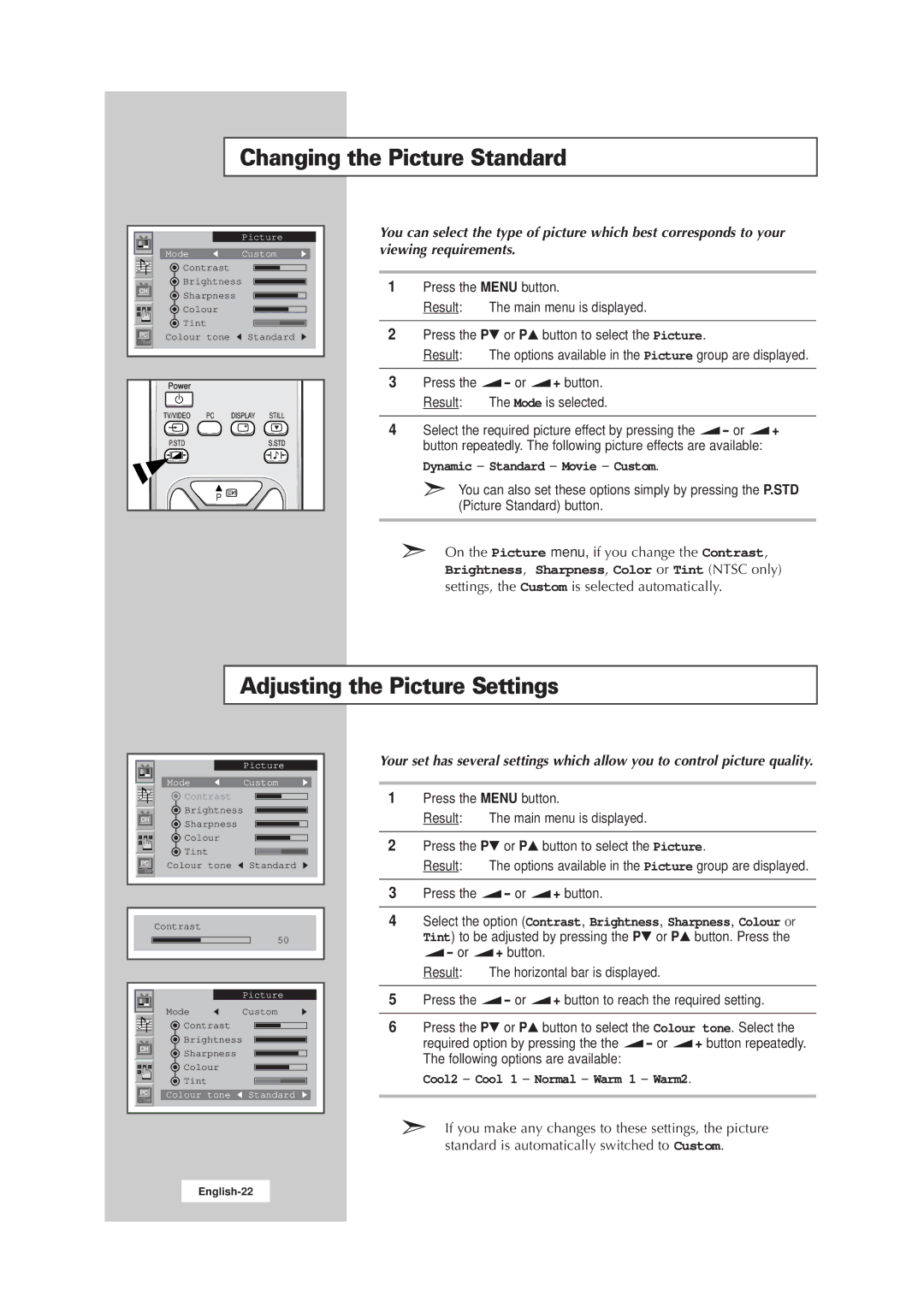 Samsung LW17E24CB, LW15E23CB manual Changing the Picture Standard, Adjusting the Picture Settings 