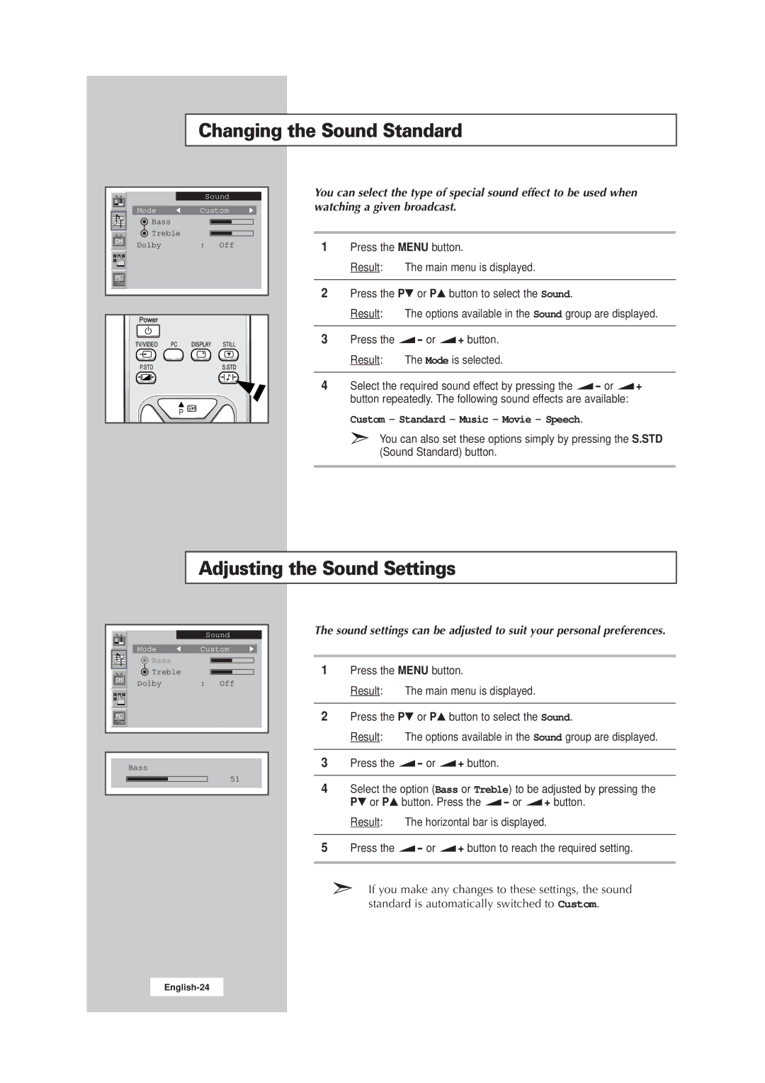 Samsung LW17E24CB, LW15E23CB manual Changing the Sound Standard, Adjusting the Sound Settings 