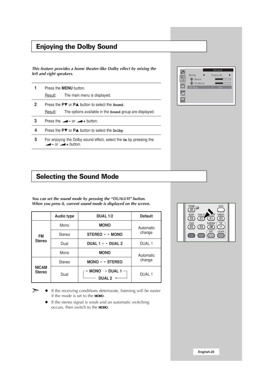 Samsung LW15E23CB manual Enjoying the Dolby Sound, Selecting the Sound Mode, Audio type Dual 1/2 Default, Change, Stereo 