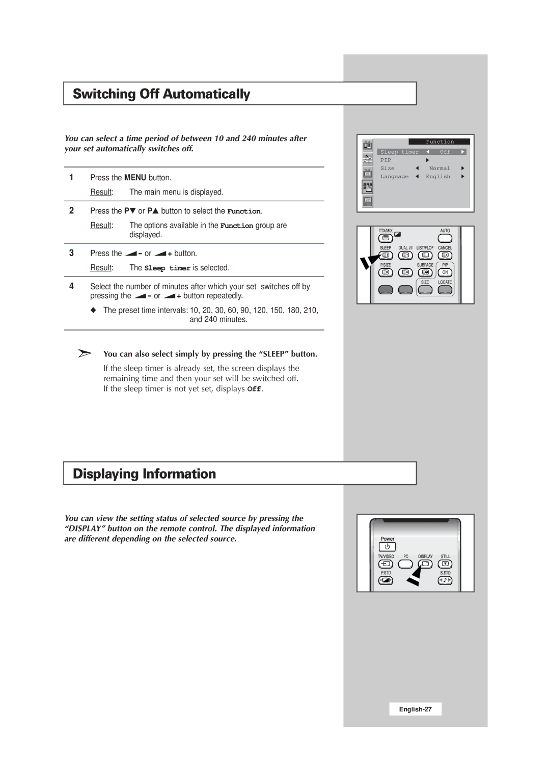 Samsung LW15E23CB, LW17E24CB manual Switching Off Automatically, Displaying Information 