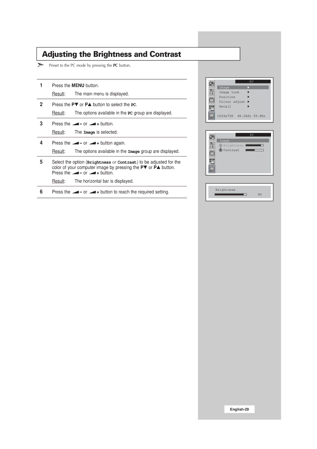 Samsung LW15E23CB, LW17E24CB manual Adjusting the Brightness and Contrast 