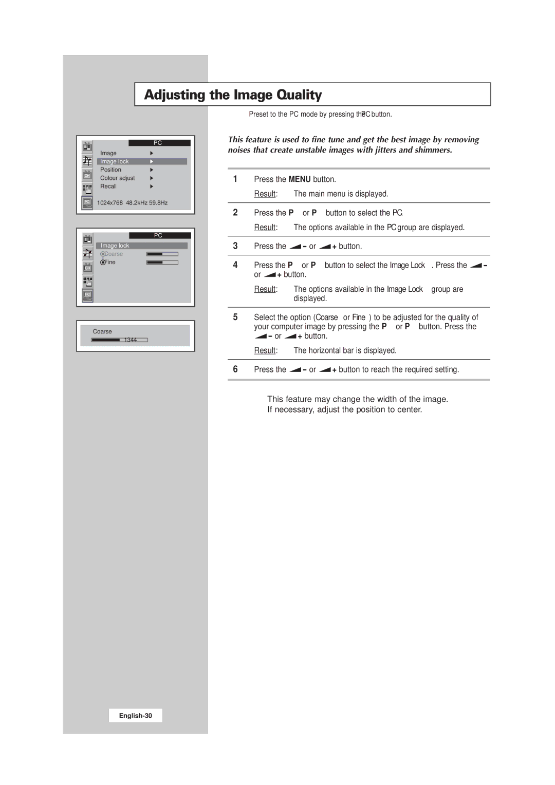 Samsung LW17E24CB, LW15E23CB manual Adjusting the Image Quality 