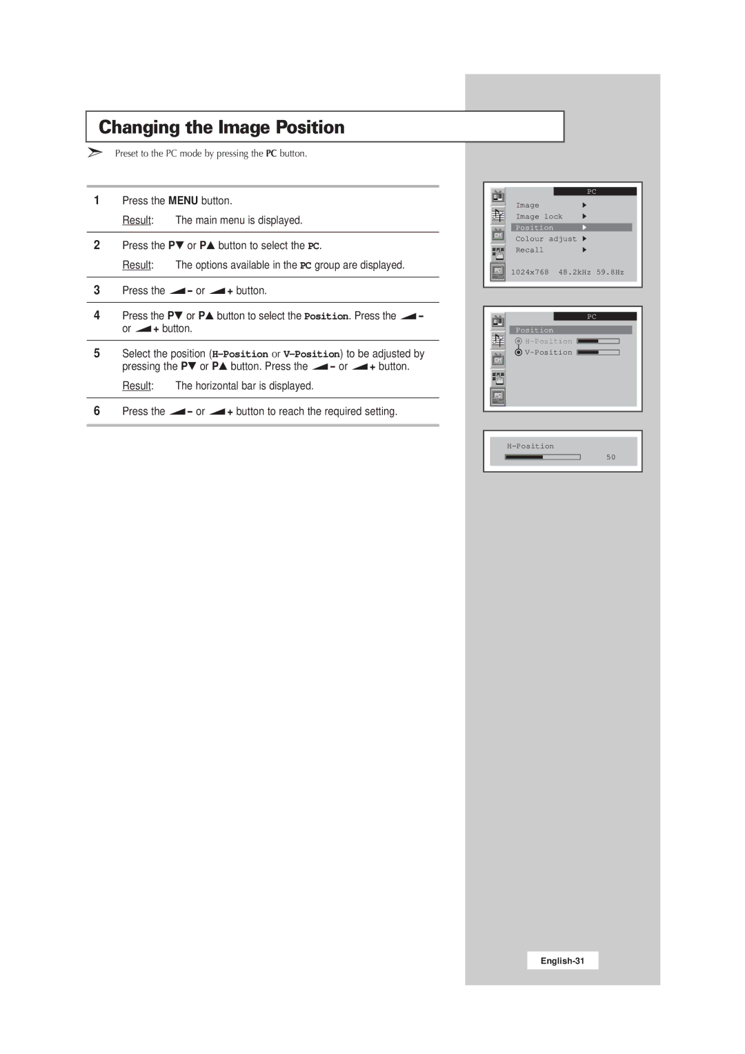 Samsung LW15E23CB, LW17E24CB manual Changing the Image Position 