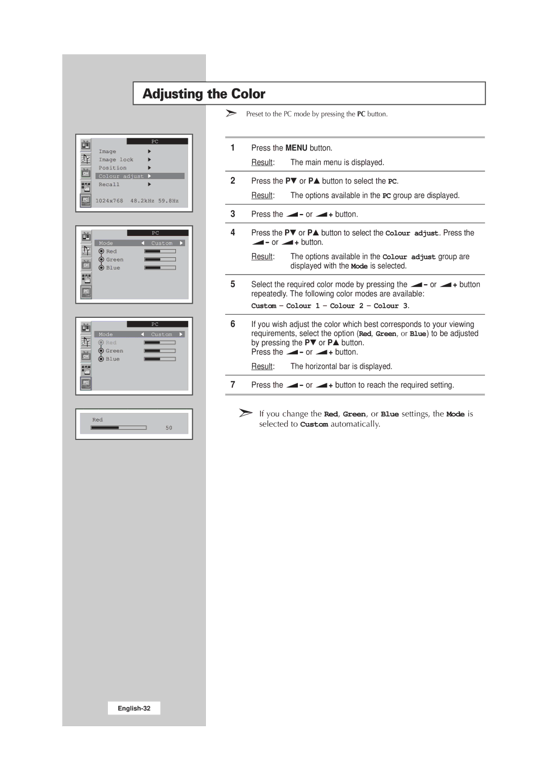 Samsung LW17E24CB, LW15E23CB manual Adjusting the Color, Custom Colour 1 Colour 2 Colour 