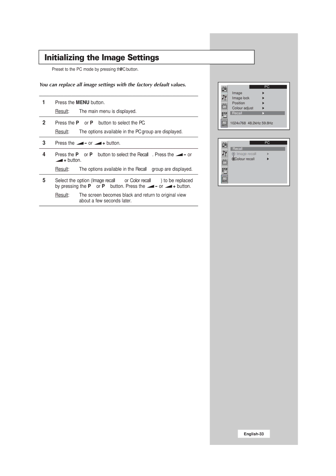 Samsung LW15E23CB, LW17E24CB manual Initializing the Image Settings 