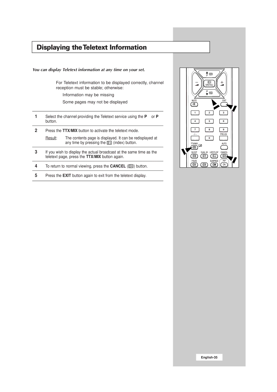 Samsung LW15E23CB, LW17E24CB manual Displaying theTeletext Information 