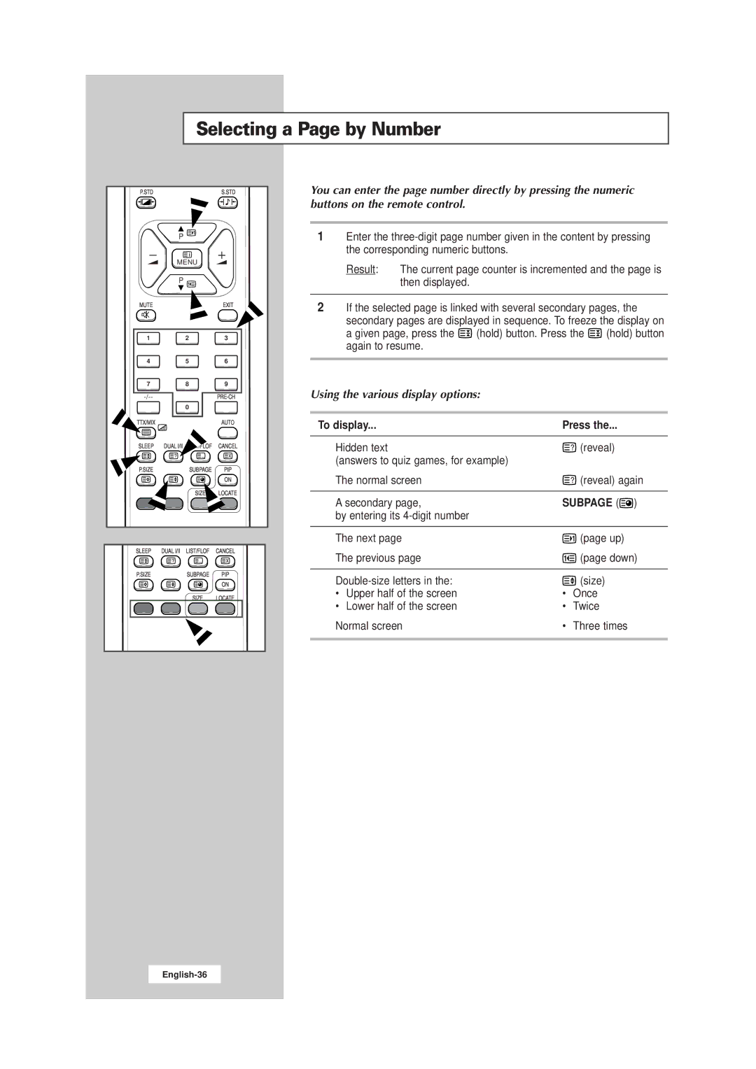 Samsung LW17E24CB, LW15E23CB manual Selecting a Page by Number, To display Press 