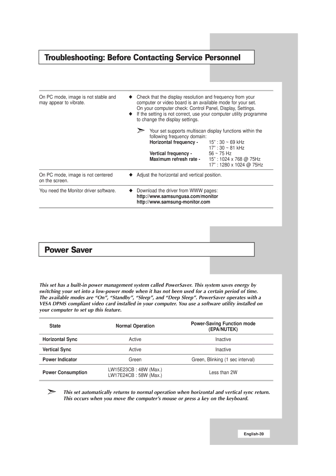 Samsung LW15E23CB, LW17E24CB manual Power Saver 