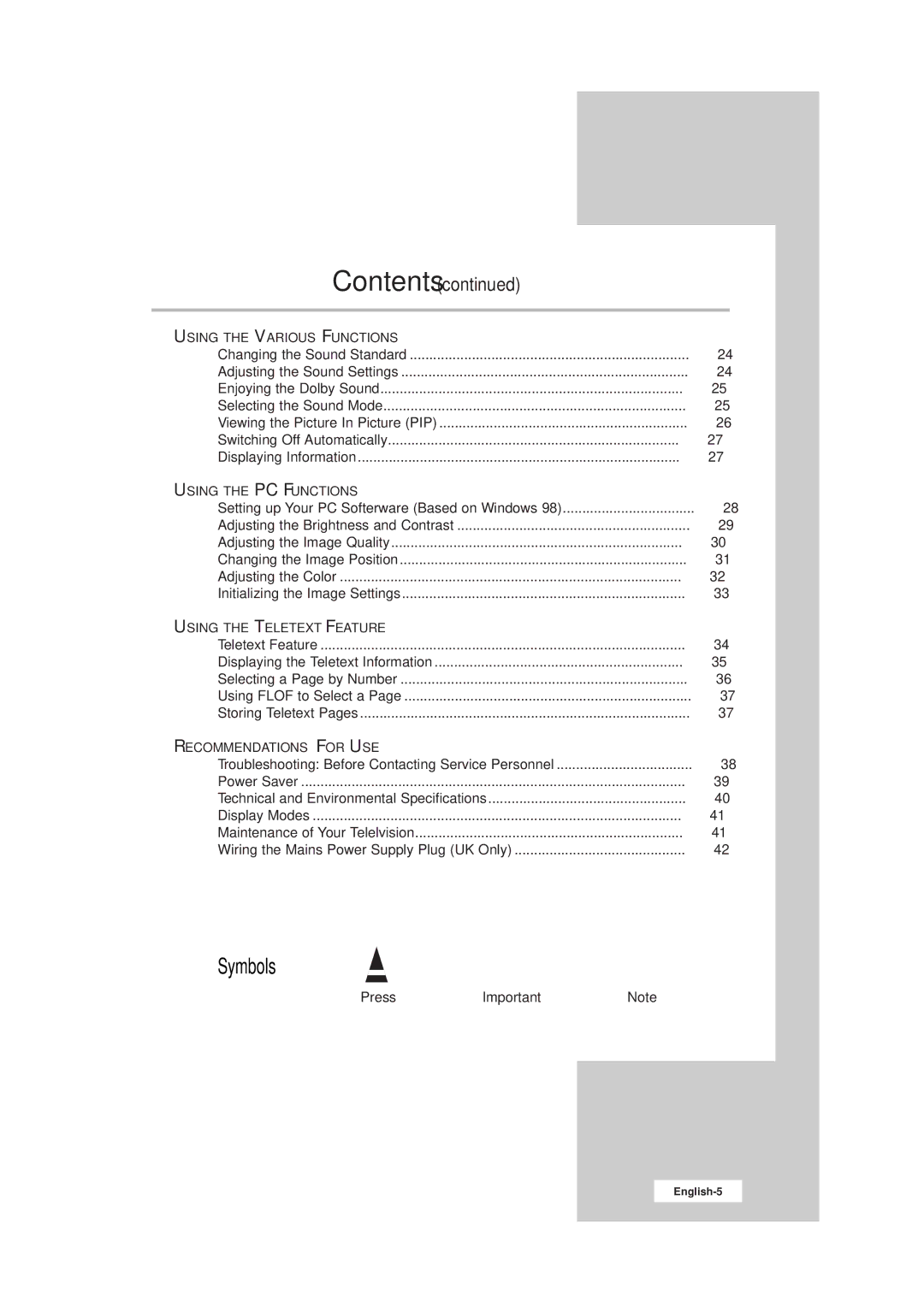 Samsung LW15E23CB, LW17E24CB manual Symbols 