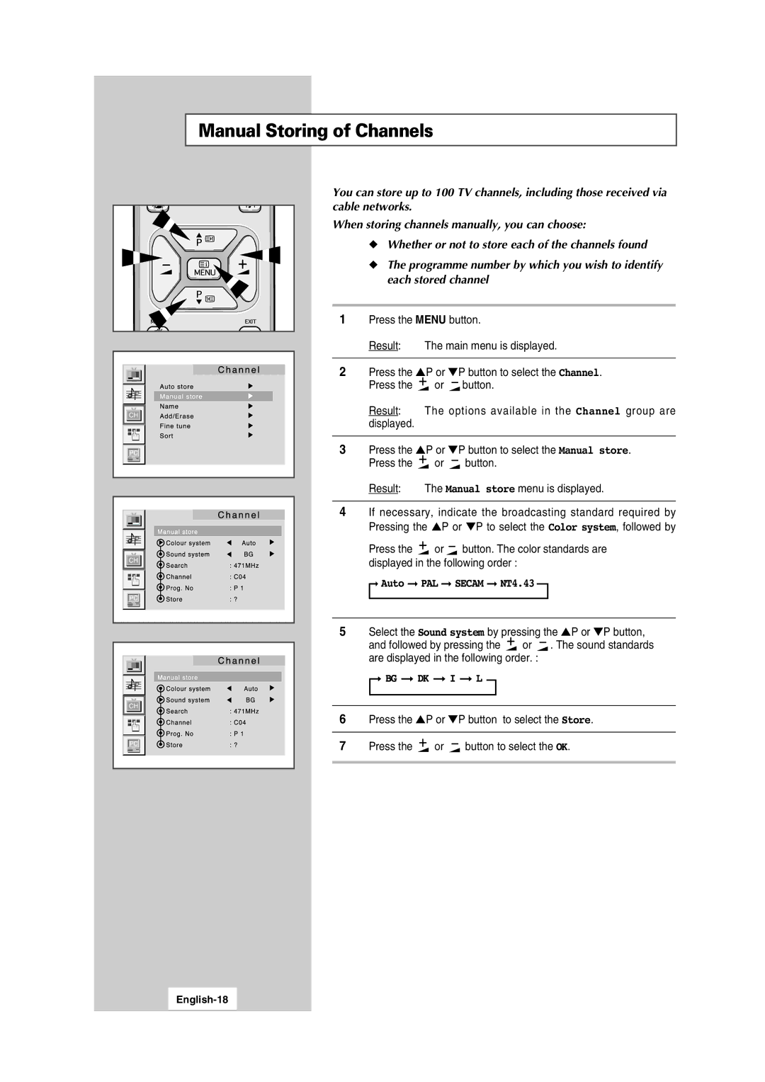 Samsung LW17N13W, LW15N13W manual Manual Storing of Channels, Press the Menu button, Press Button Result, Sound standards 