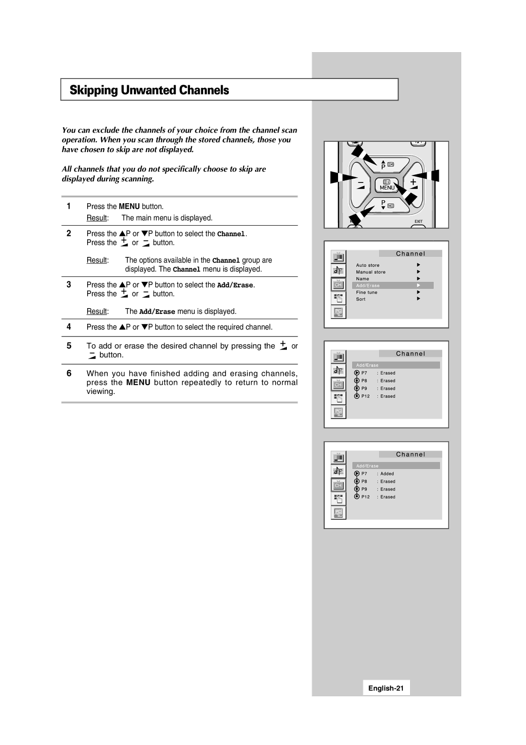 Samsung LW15N13W, LW17N13W manual Skipping Unwanted Channels, Press the P or P button to select the Add/Erase, English-21 