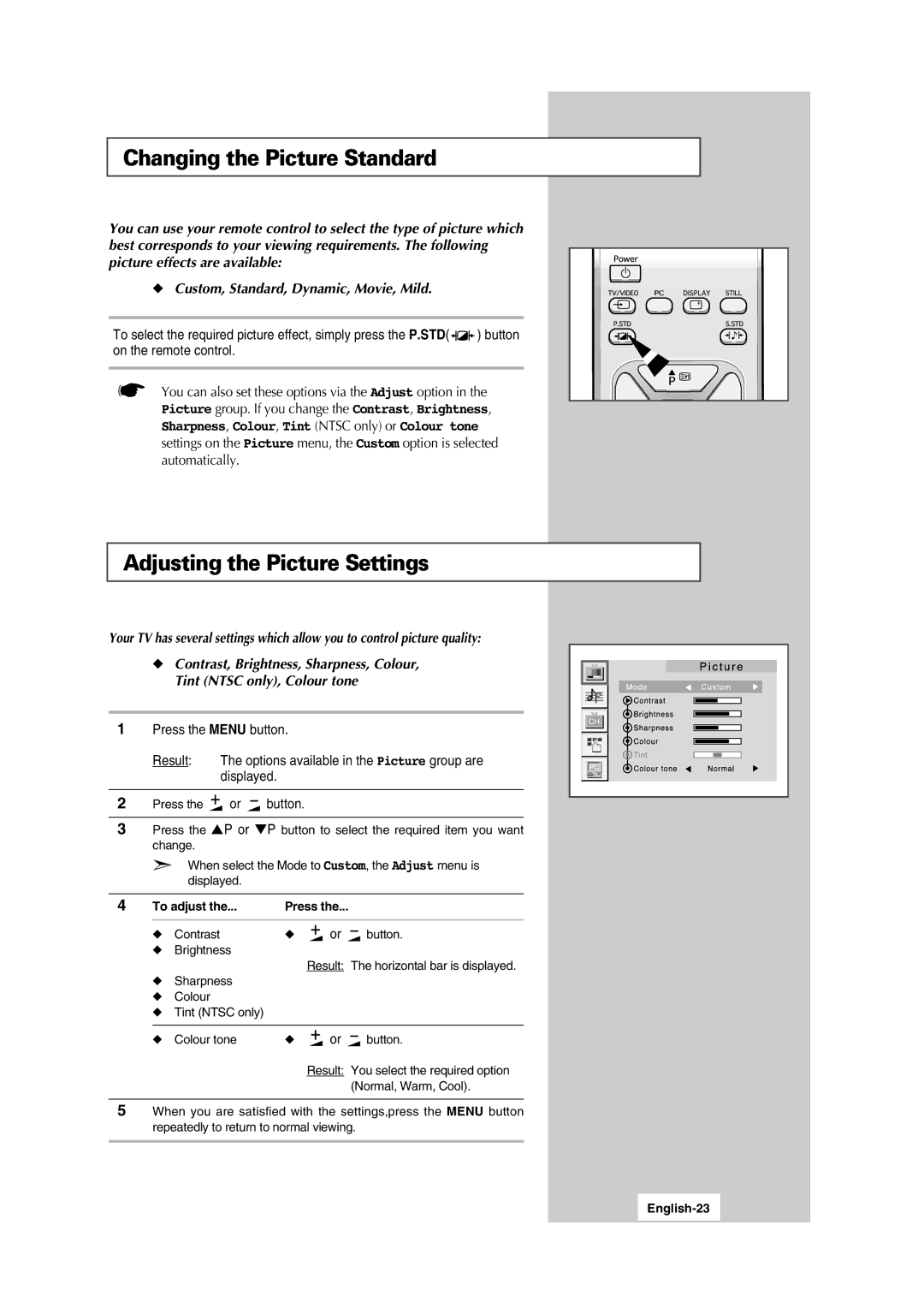 Samsung LW15N13W, LW17N13W manual Changing the Picture Standard, Adjusting the Picture Settings, To adjust Press, English-23 