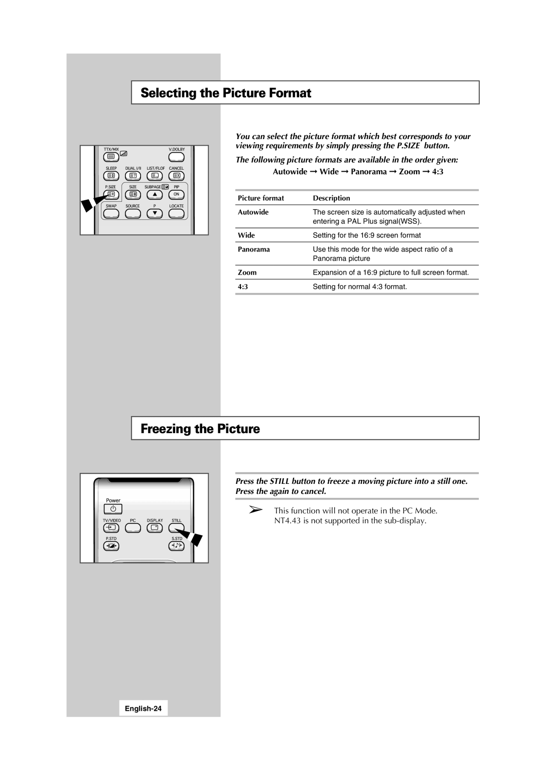 Samsung LW17N13W, LW15N13W manual Selecting the Picture Format, Freezing the Picture, English-24 