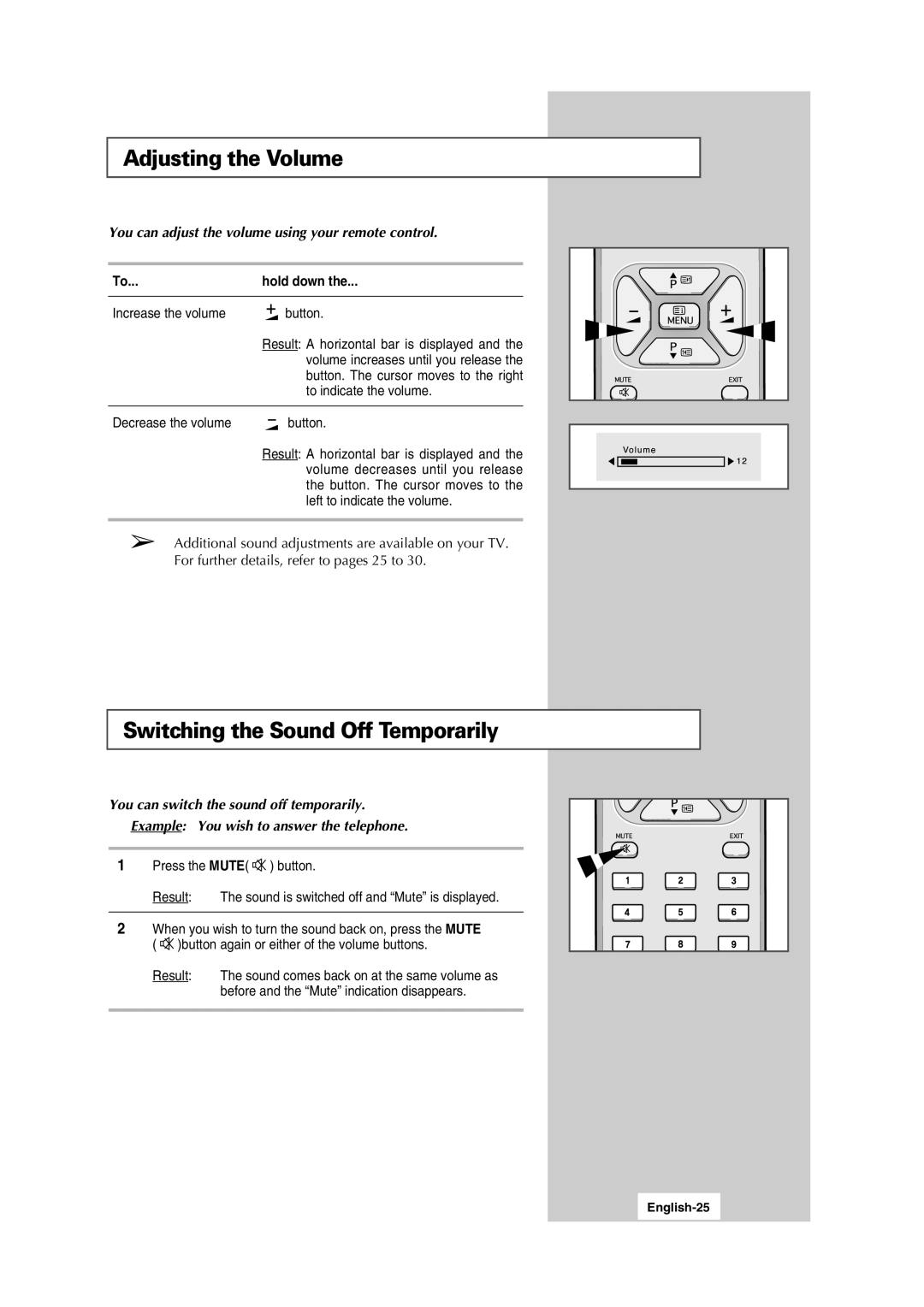 Samsung LW15N13W manual Adjusting the Volume, Switching the Sound Off Temporarily, Hold down, Increase the volume Button 