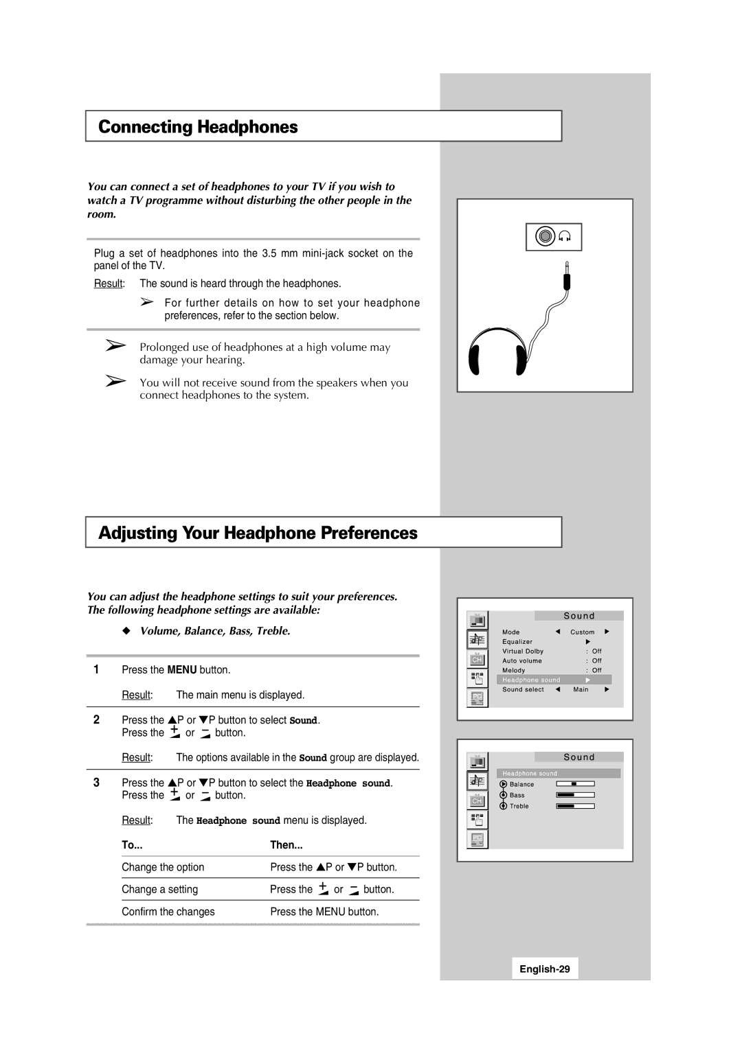 Samsung LW15N13W manual Connecting Headphones, Adjusting Your Headphone Preferences, Volume, Balance, Bass, Treble, Then 