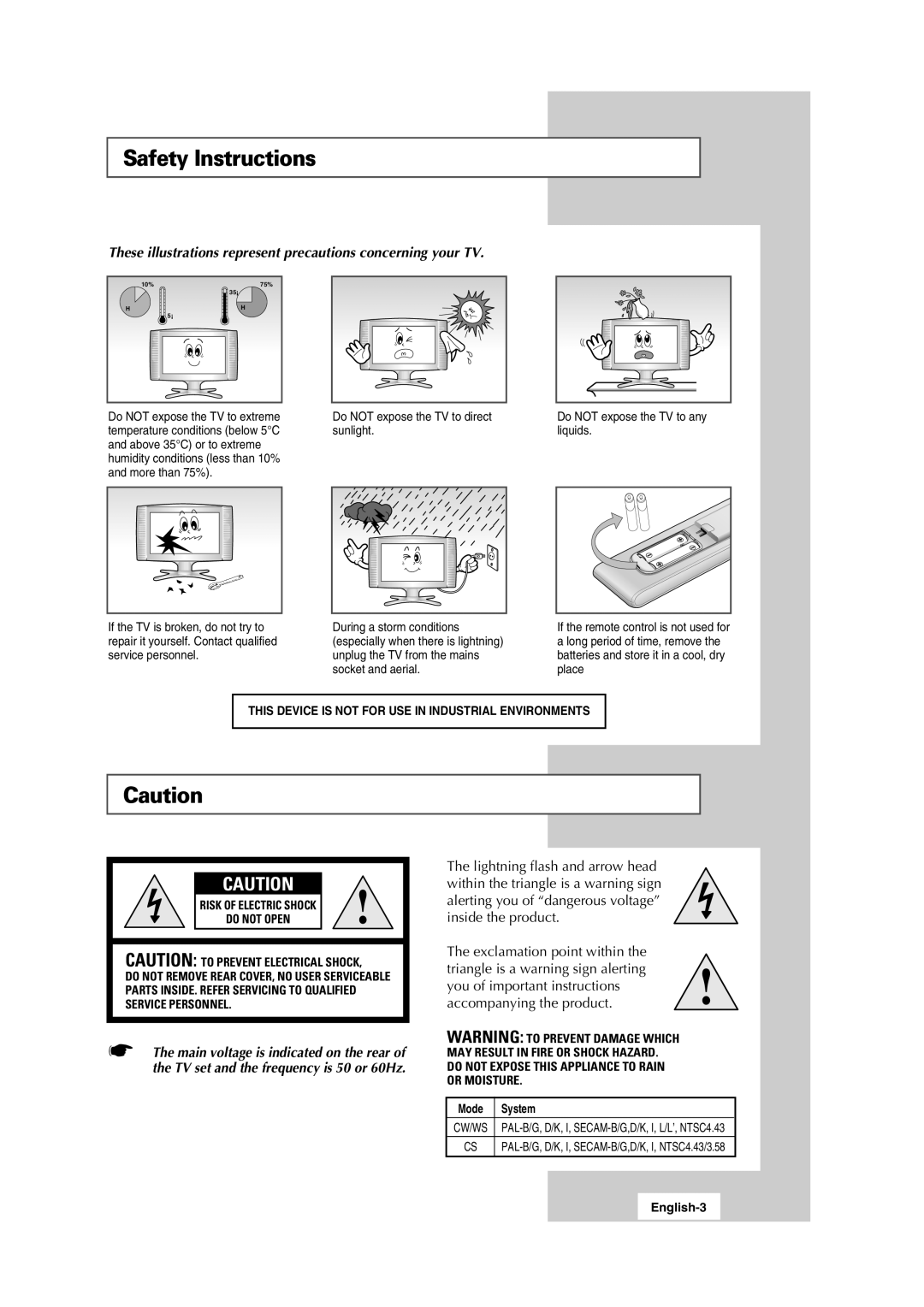 Samsung LW15N13W, LW17N13W manual Safety Instructions, System, English-3 