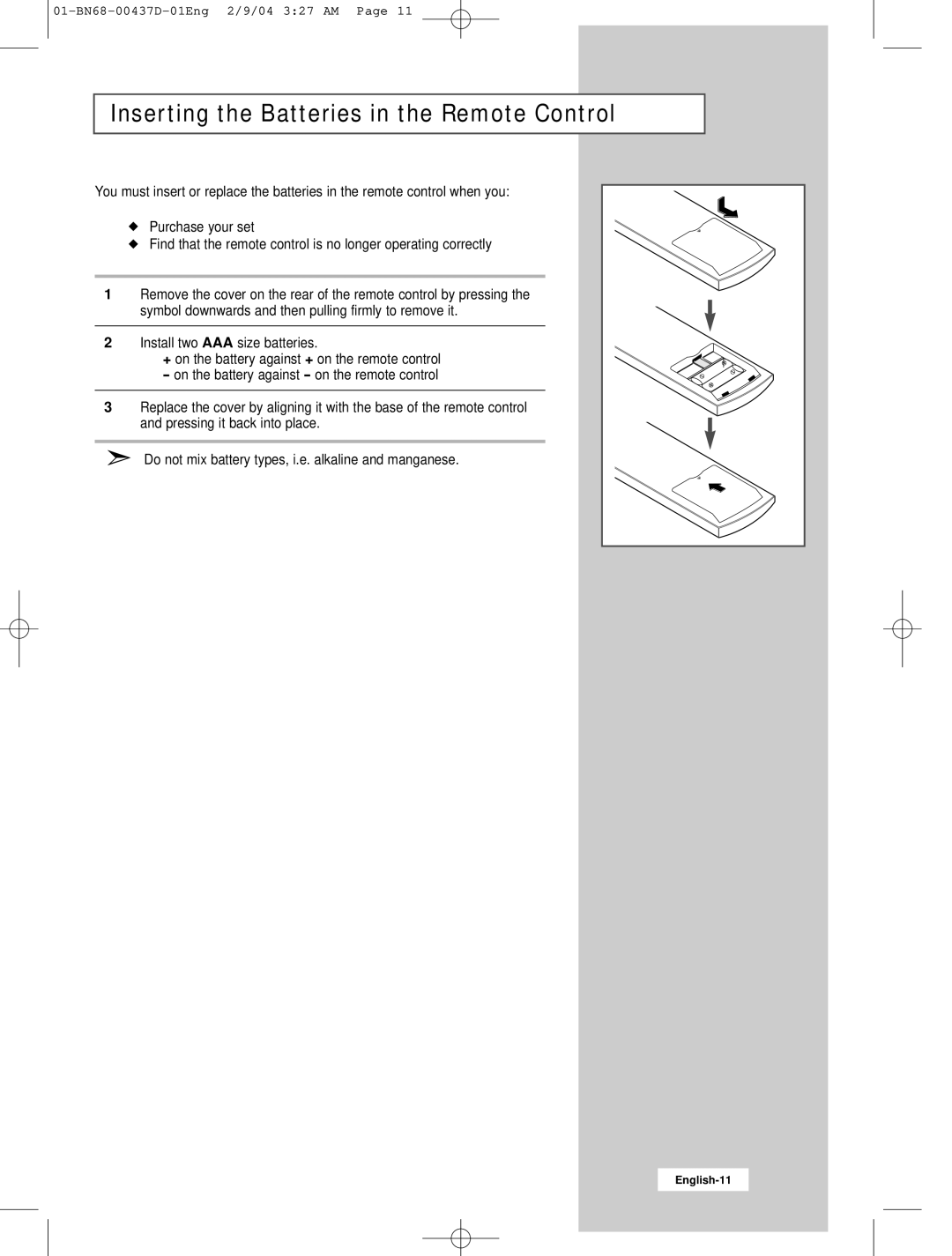 Samsung LW17N23N manual Inserting the Batteries in the Remote Control 