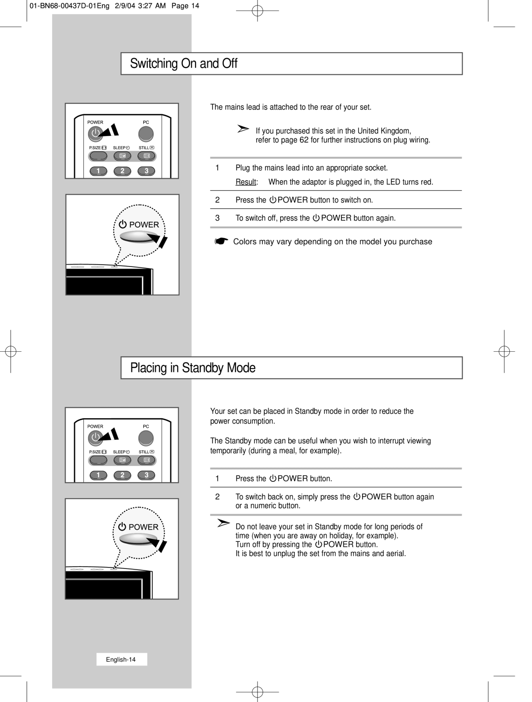 Samsung LW17N23N manual Switching On and Off, Placing in Standby Mode, Mains lead is attached to the rear of your set 