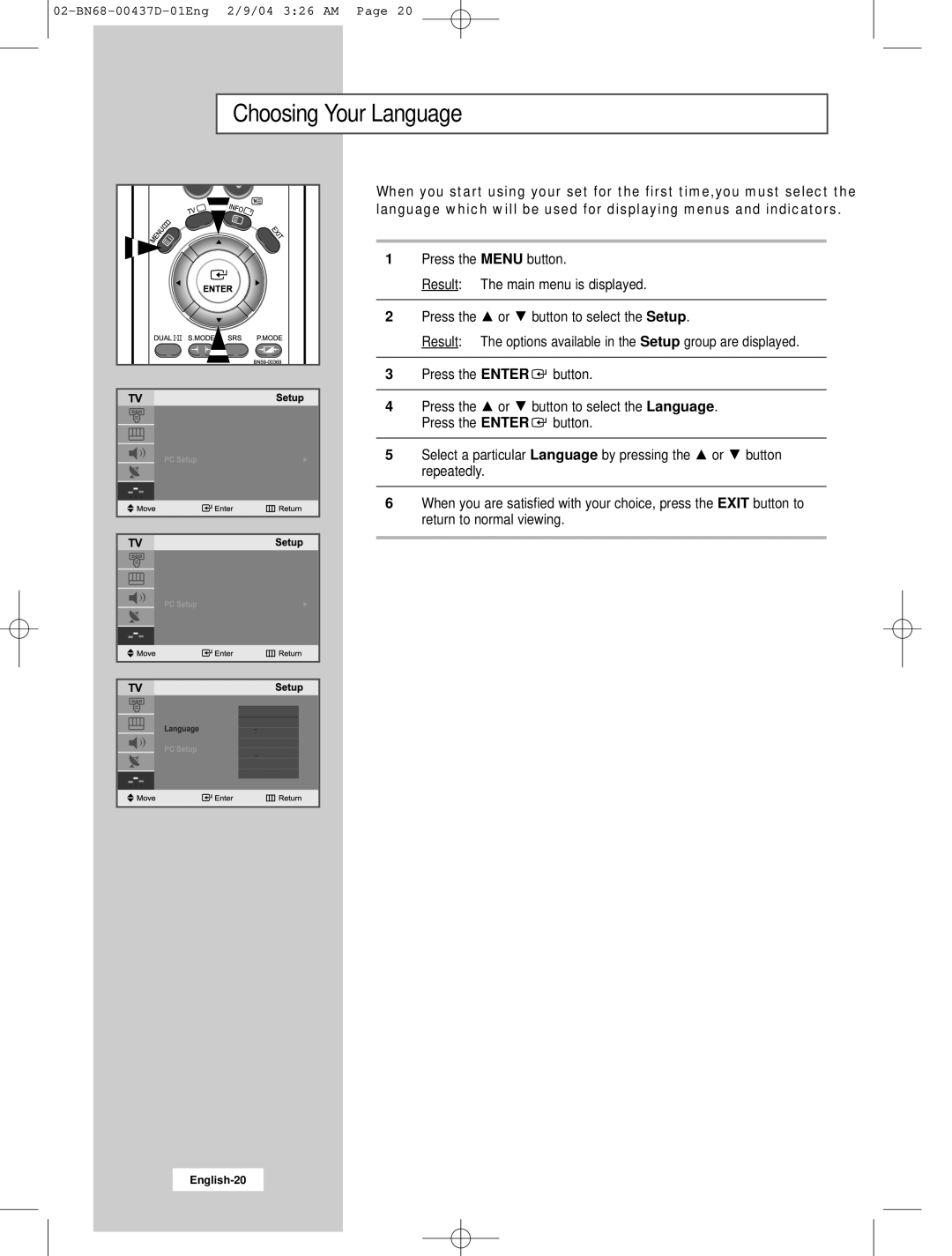 Samsung LW17N23N manual Choosing Your Language 