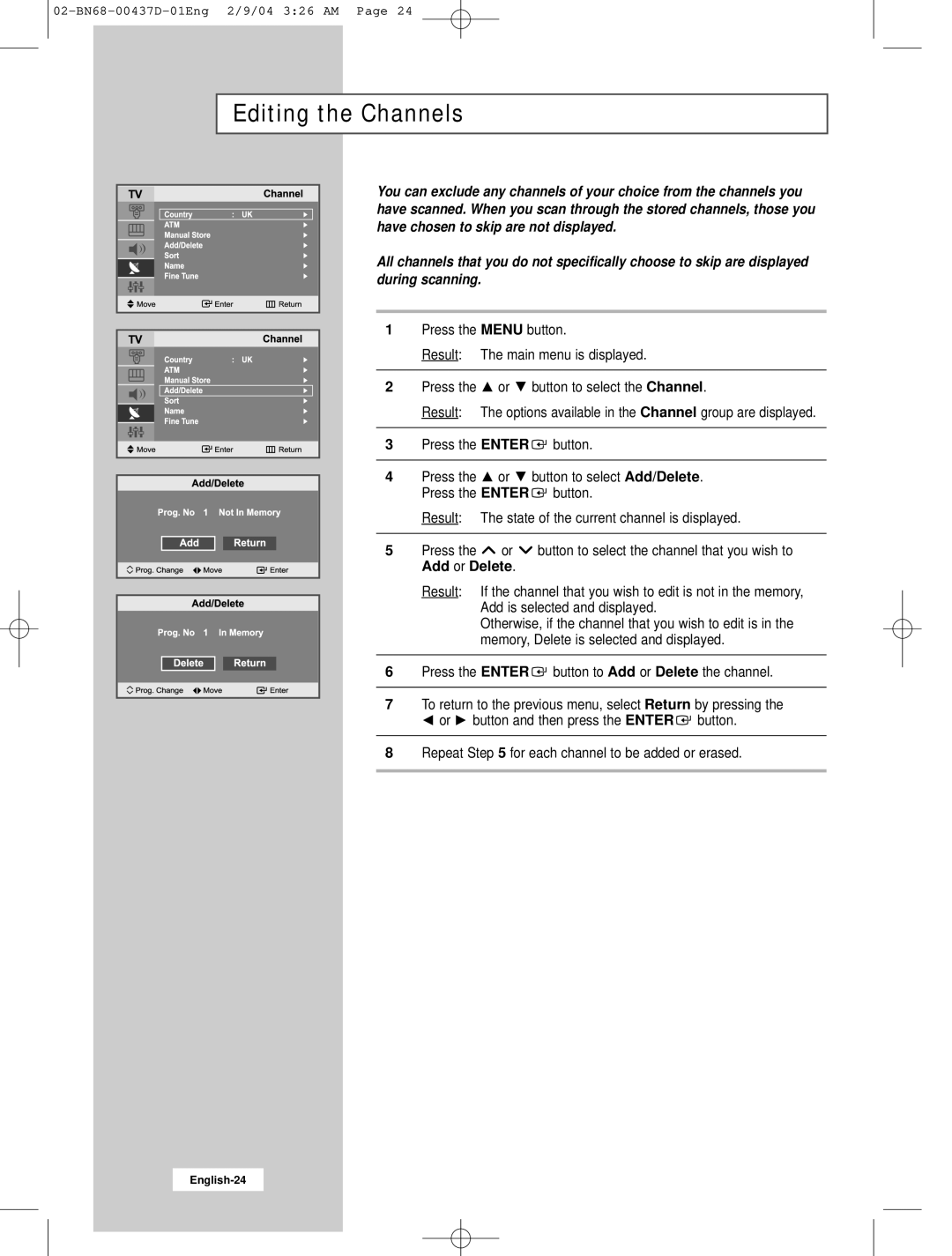 Samsung LW17N23N manual Editing the Channels 