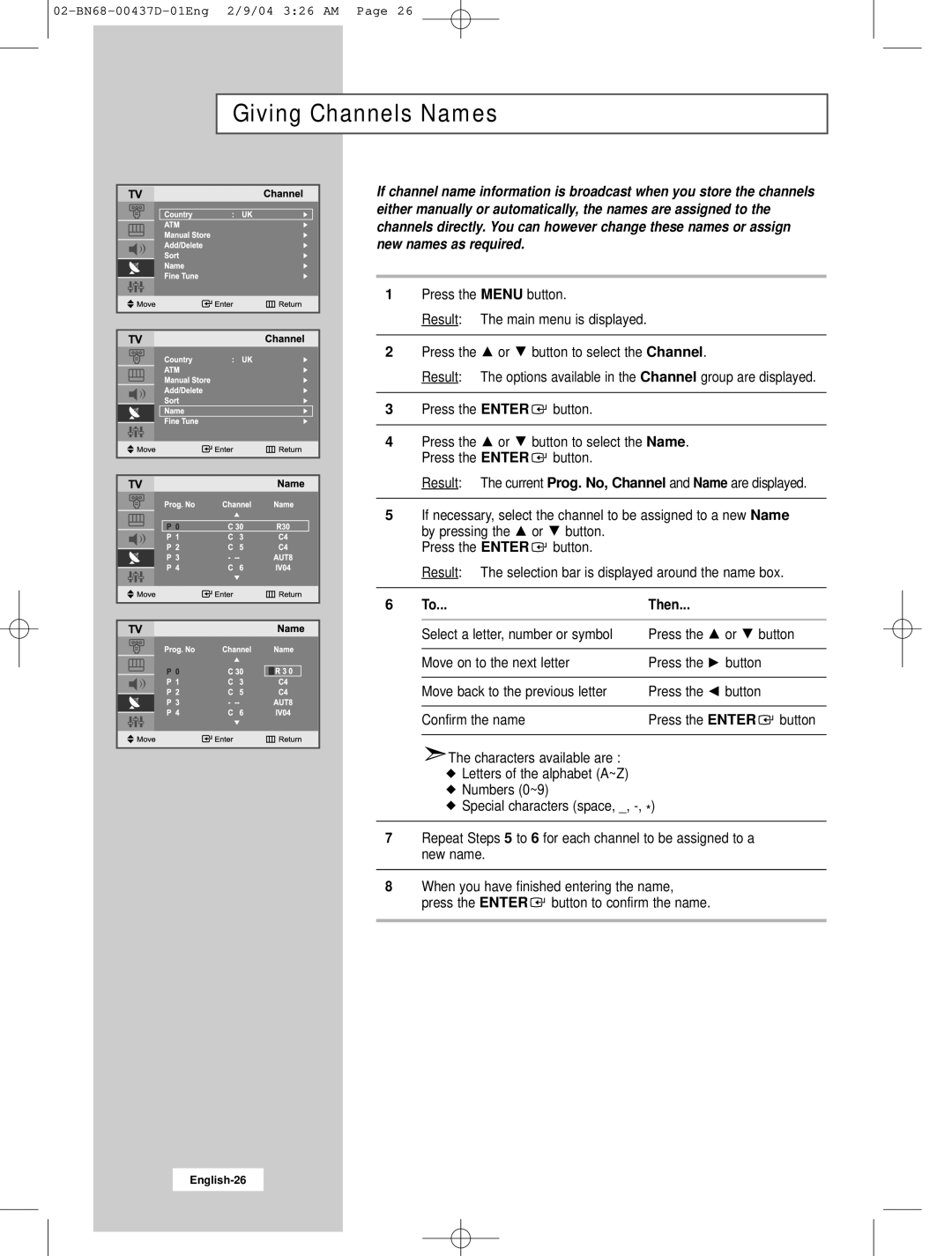 Samsung LW17N23N manual Giving Channels Names, Then 