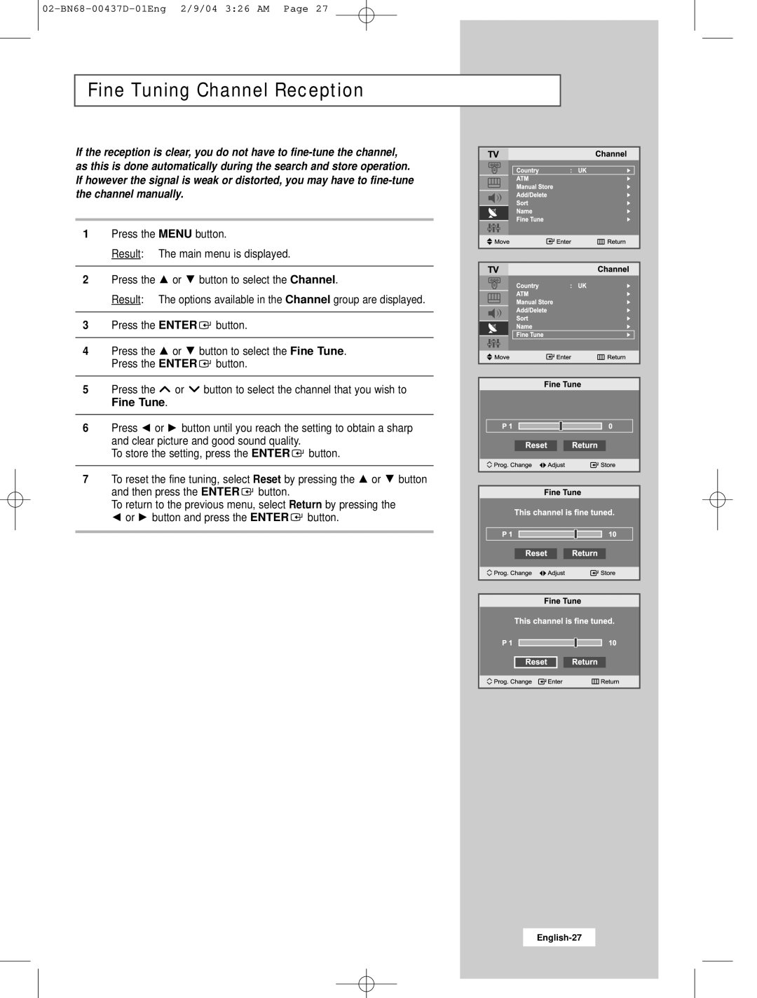 Samsung LW17N23N manual Fine Tuning Channel Reception 