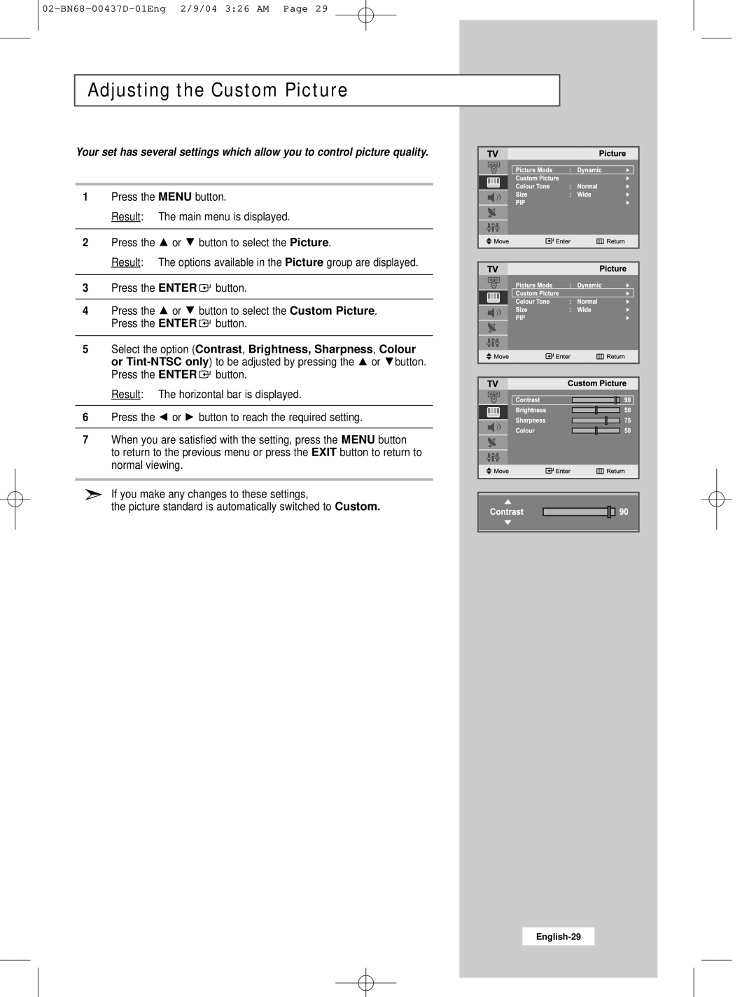 Samsung LW17N23N manual Adjusting the Custom Picture 