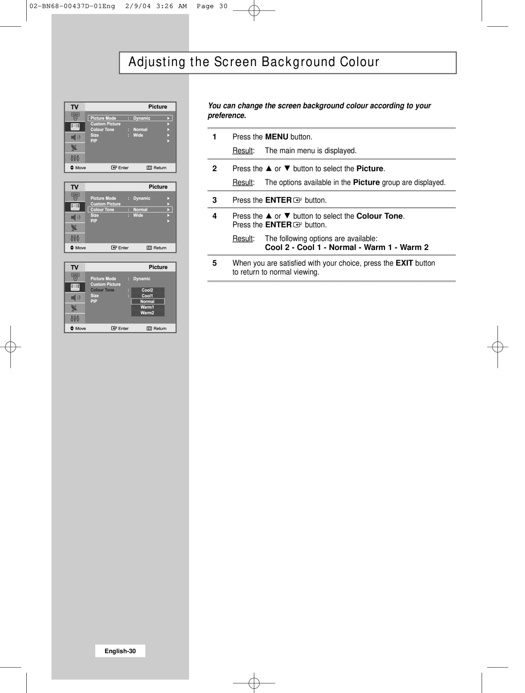 Samsung LW17N23N manual Adjusting the Screen Background Colour, Cool 2 Cool 1 Normal Warm 1 Warm 