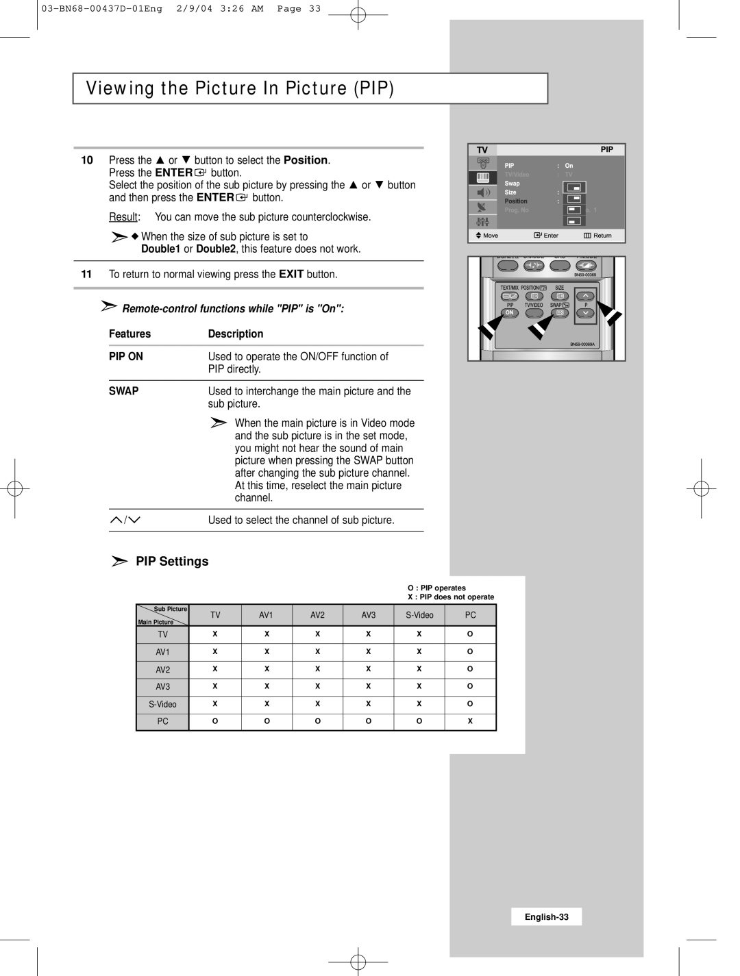 Samsung LW17N23N manual Remote-control functions while PIP is On, Features Description 