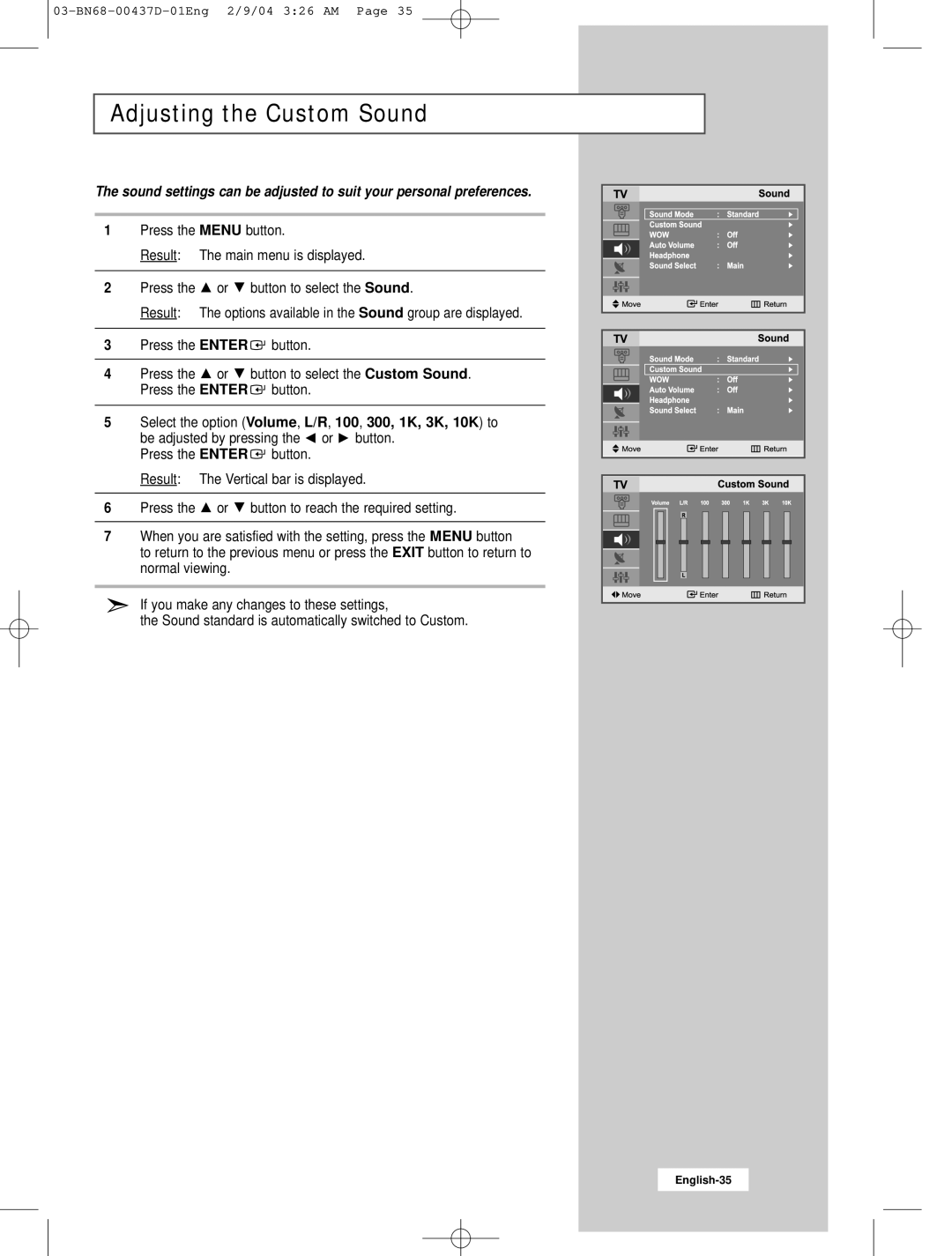 Samsung LW17N23N manual Adjusting the Custom Sound 