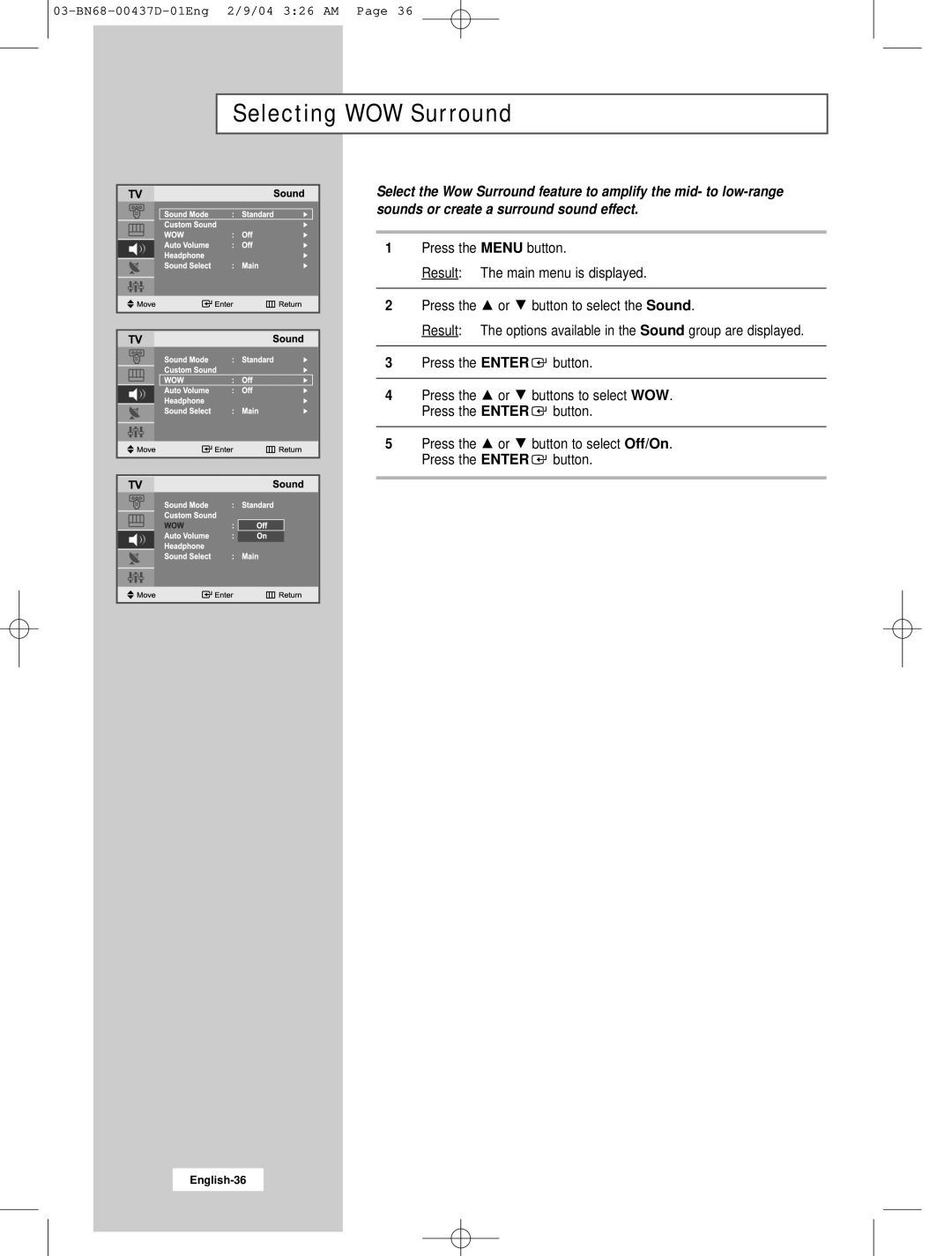 Samsung LW17N23N manual Selecting WOW Surround 