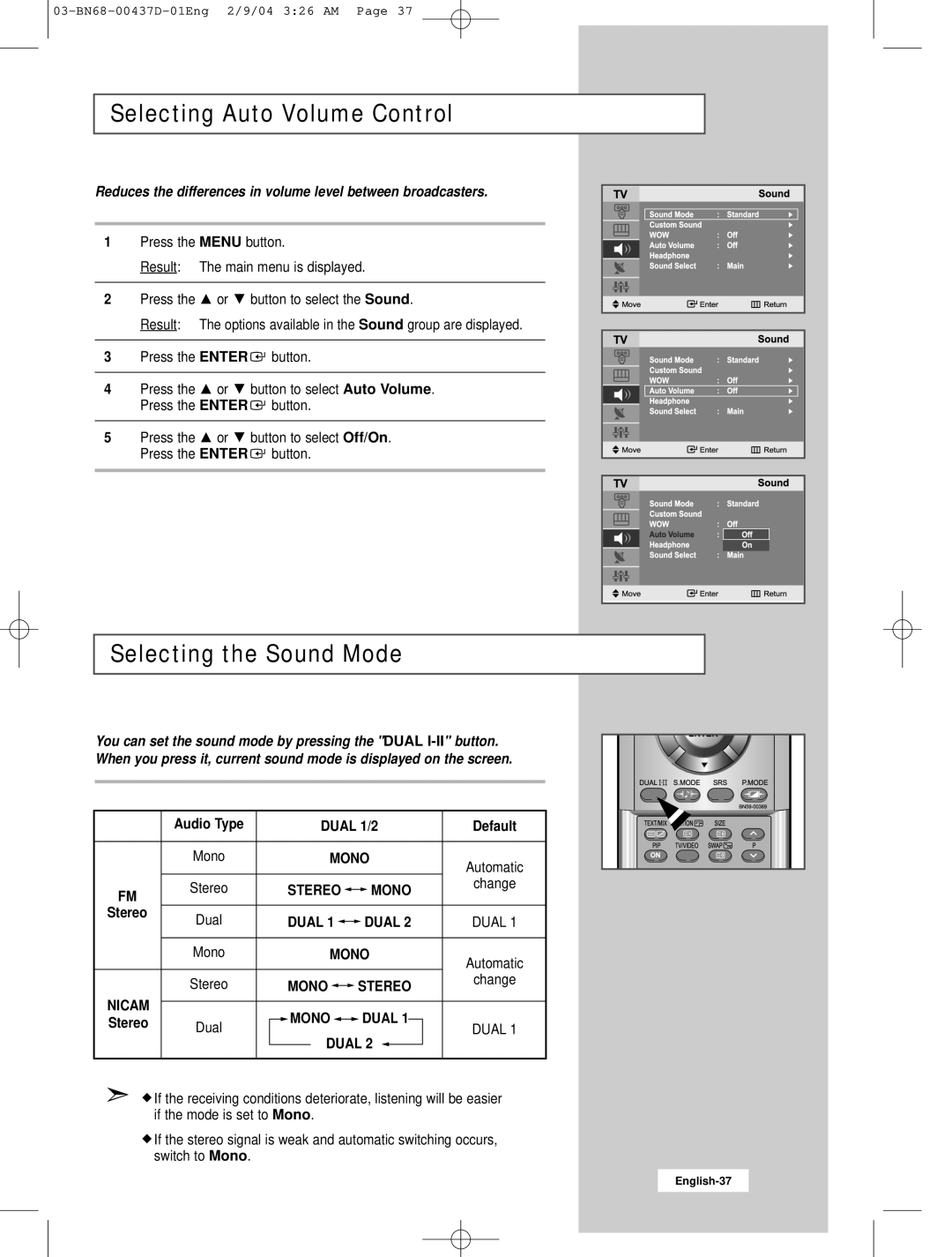 Samsung LW17N23N Selecting Auto Volume Control, Selecting the Sound Mode, Audio Type Dual 1/2 Default, Change, Stereo 