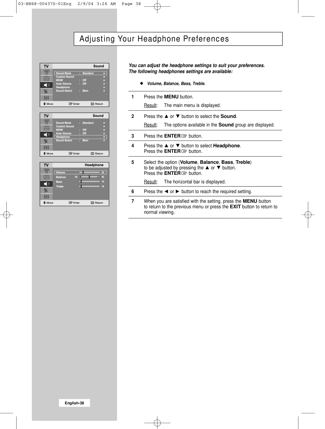 Samsung LW17N23N manual Adjusting Your Headphone Preferences 