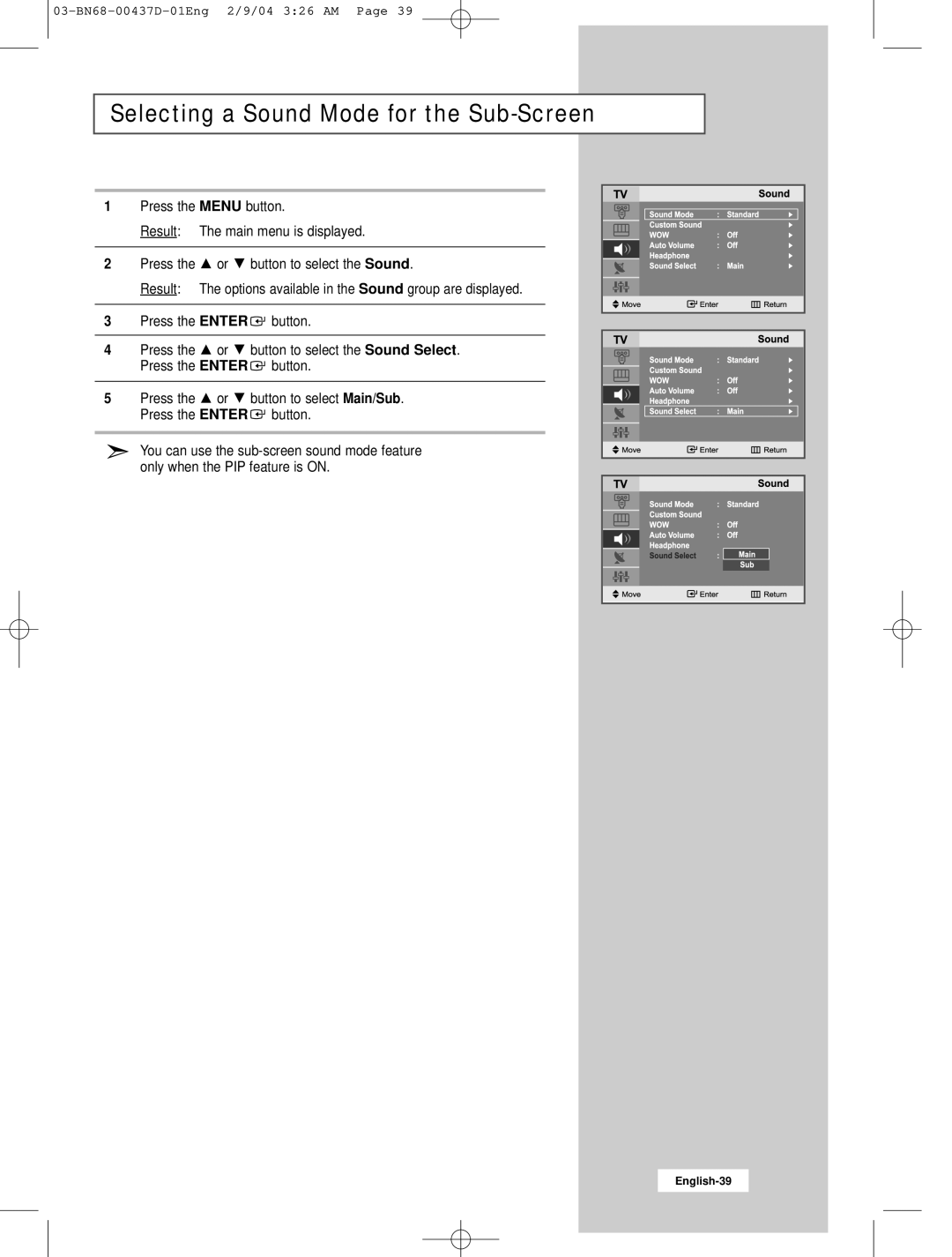 Samsung LW17N23N manual Selecting a Sound Mode for the Sub-Screen 