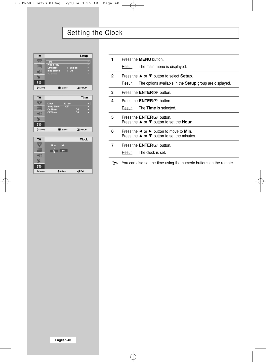 Samsung LW17N23N manual Setting the Clock 