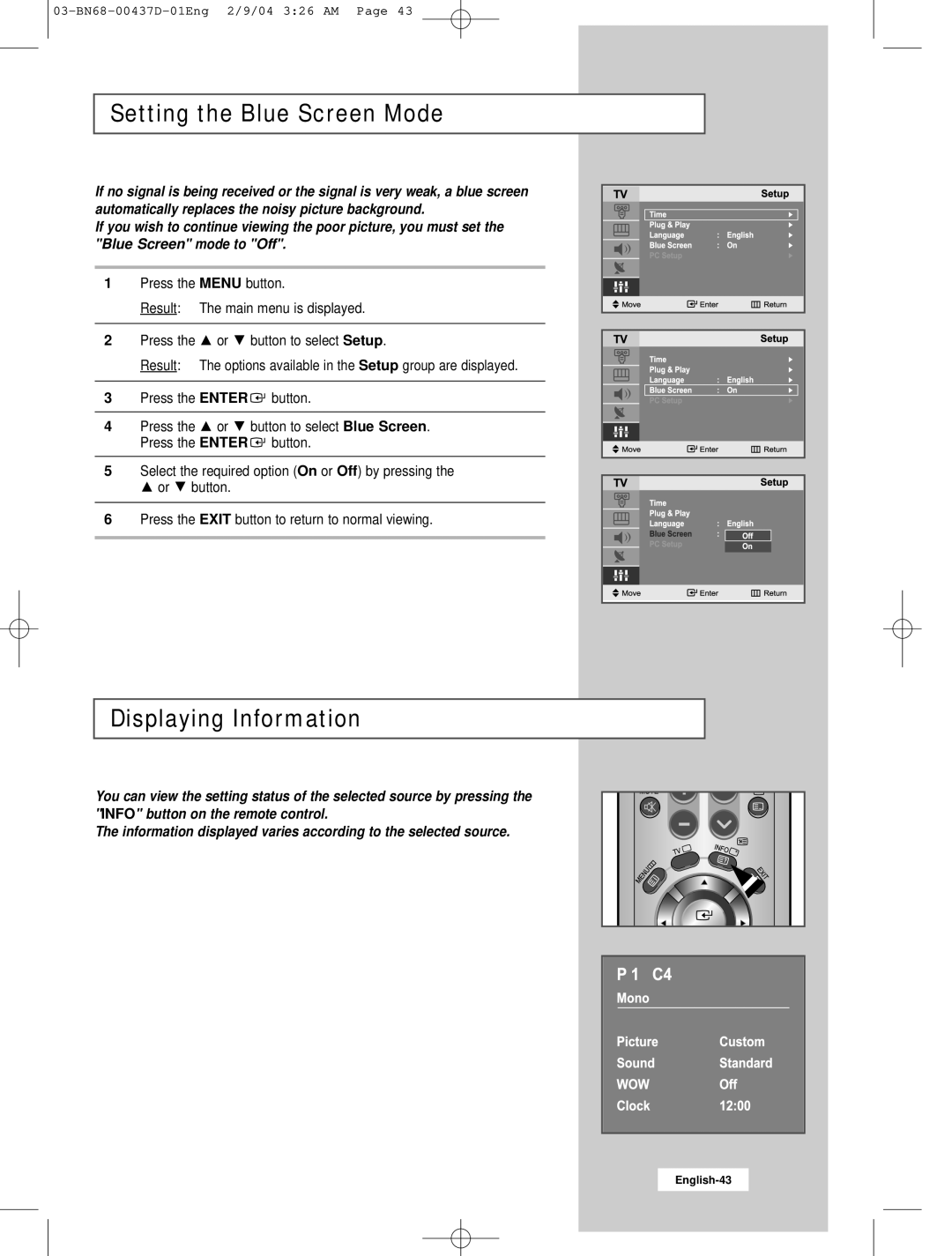 Samsung LW17N23N manual Setting the Blue Screen Mode, Displaying Information 